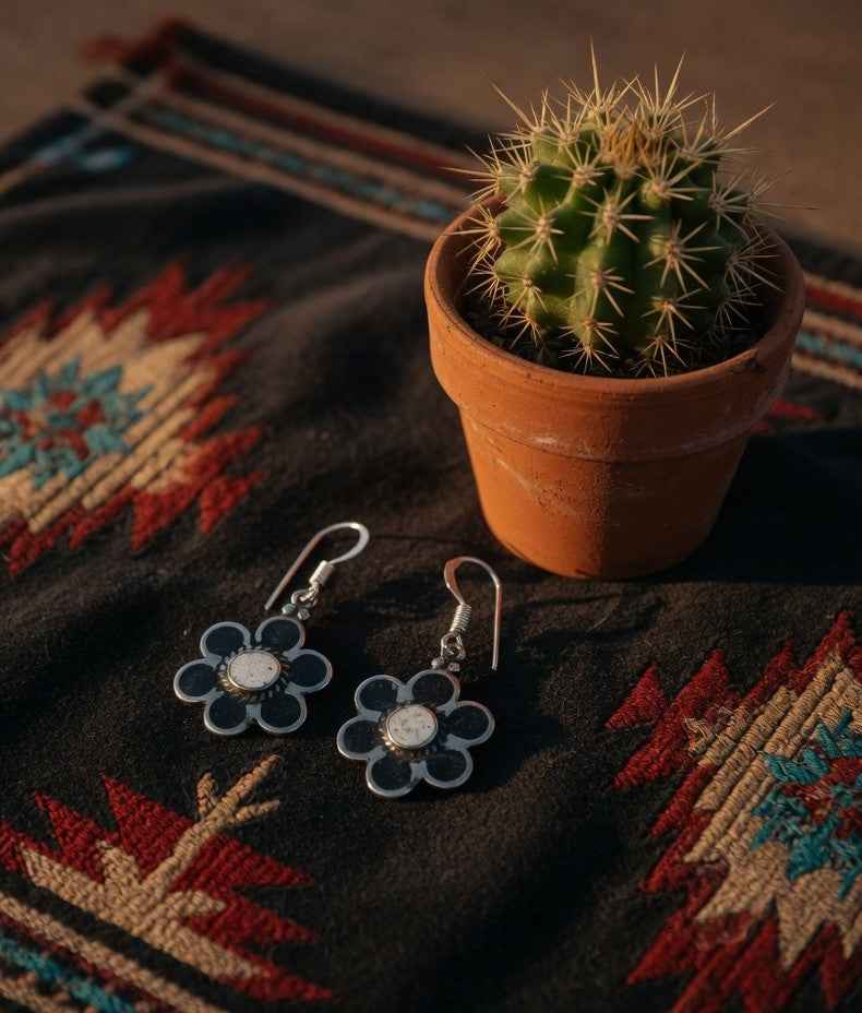Vintage Southwestern Black Onyx & White Buffalo Flower Shape Dangle Earrings