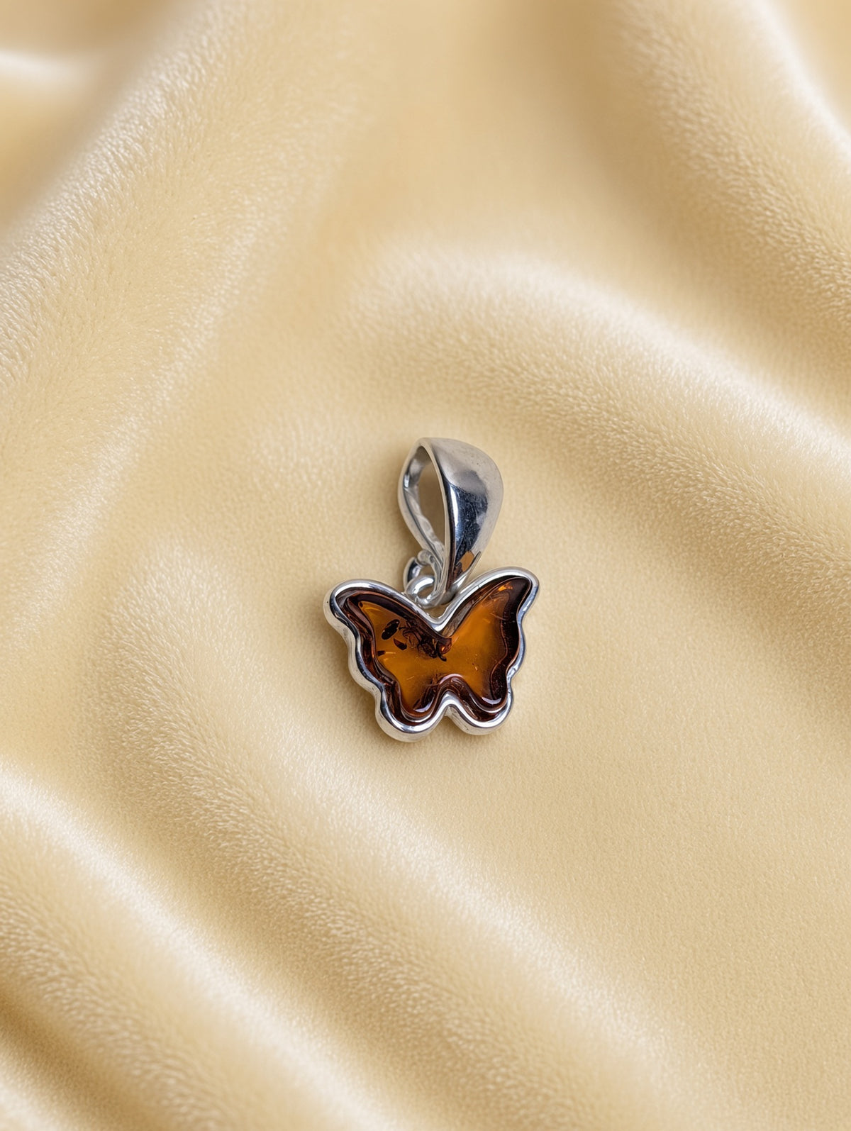Handmade Butterfly Shaped Honey Cognac Cabochon & Sterling Silver Pendant
