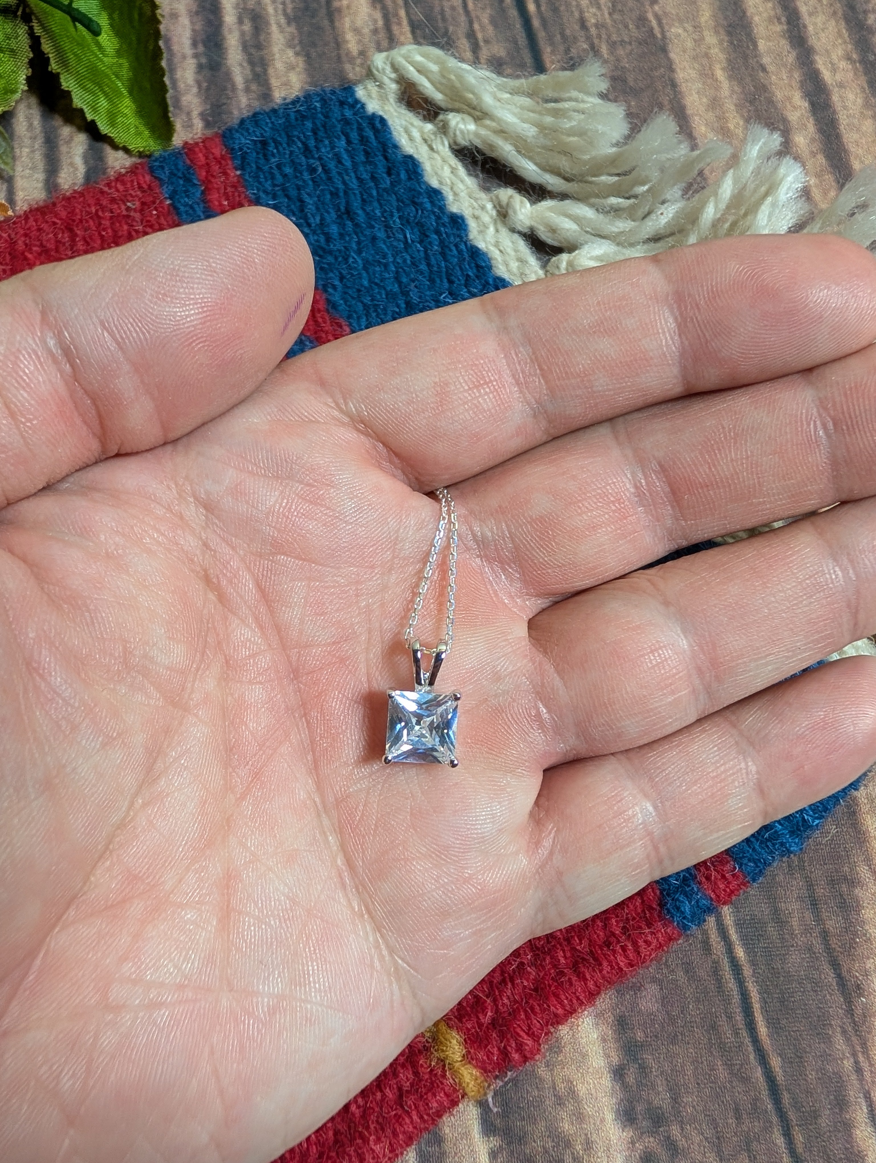 Square Shaped CZ Pendant On Sterling Silver Necklace