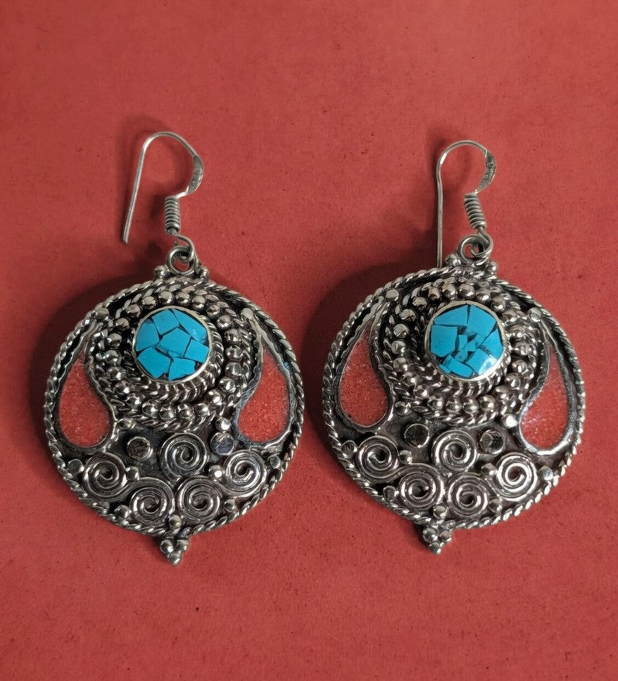 Turquoise Mosaic & Coral Drop Earrings – Southwest Artisan Statement