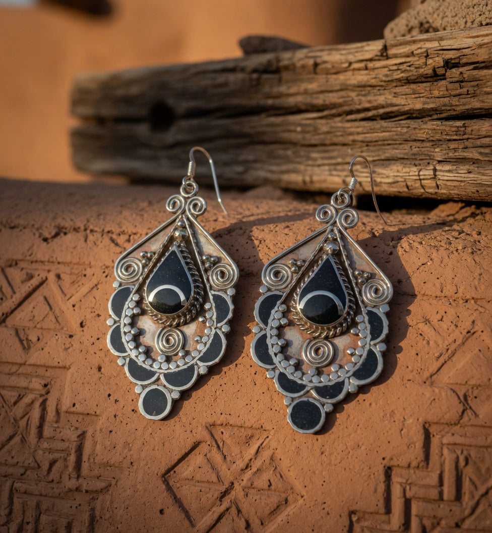 Vintage Black Onyx Teardrop Filigree Statement Earrings