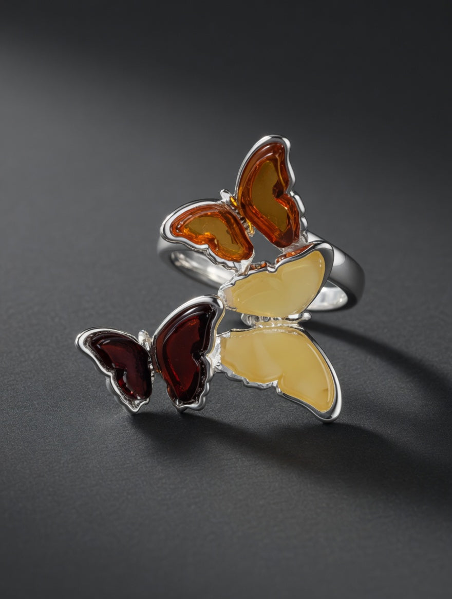 Sterling Silver Handmade Amber Multi-Butterfly Adjustable Ring