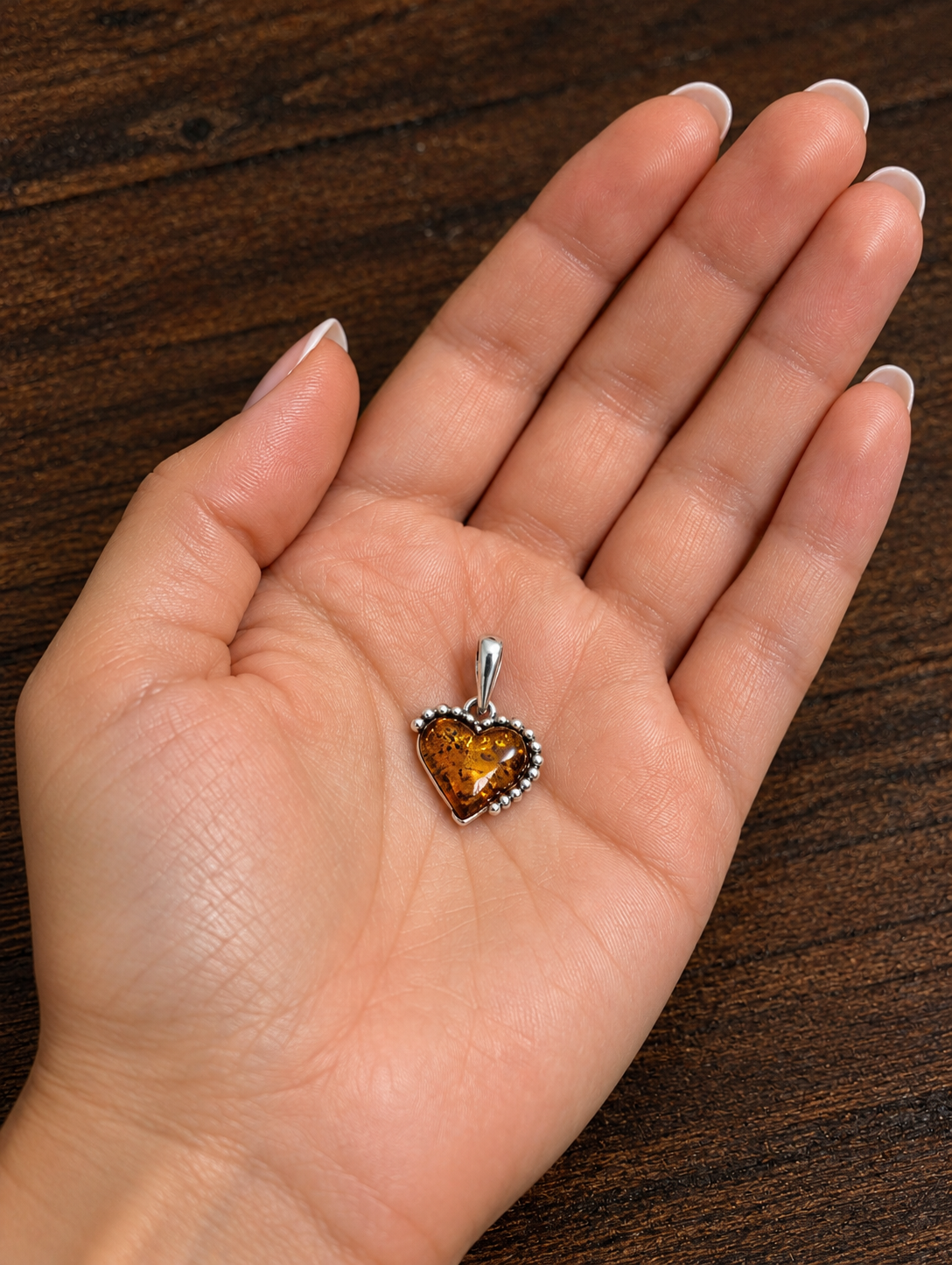Handmade Heart Shaped Honey Cognac Cabochon & Sterling Silver Pendant