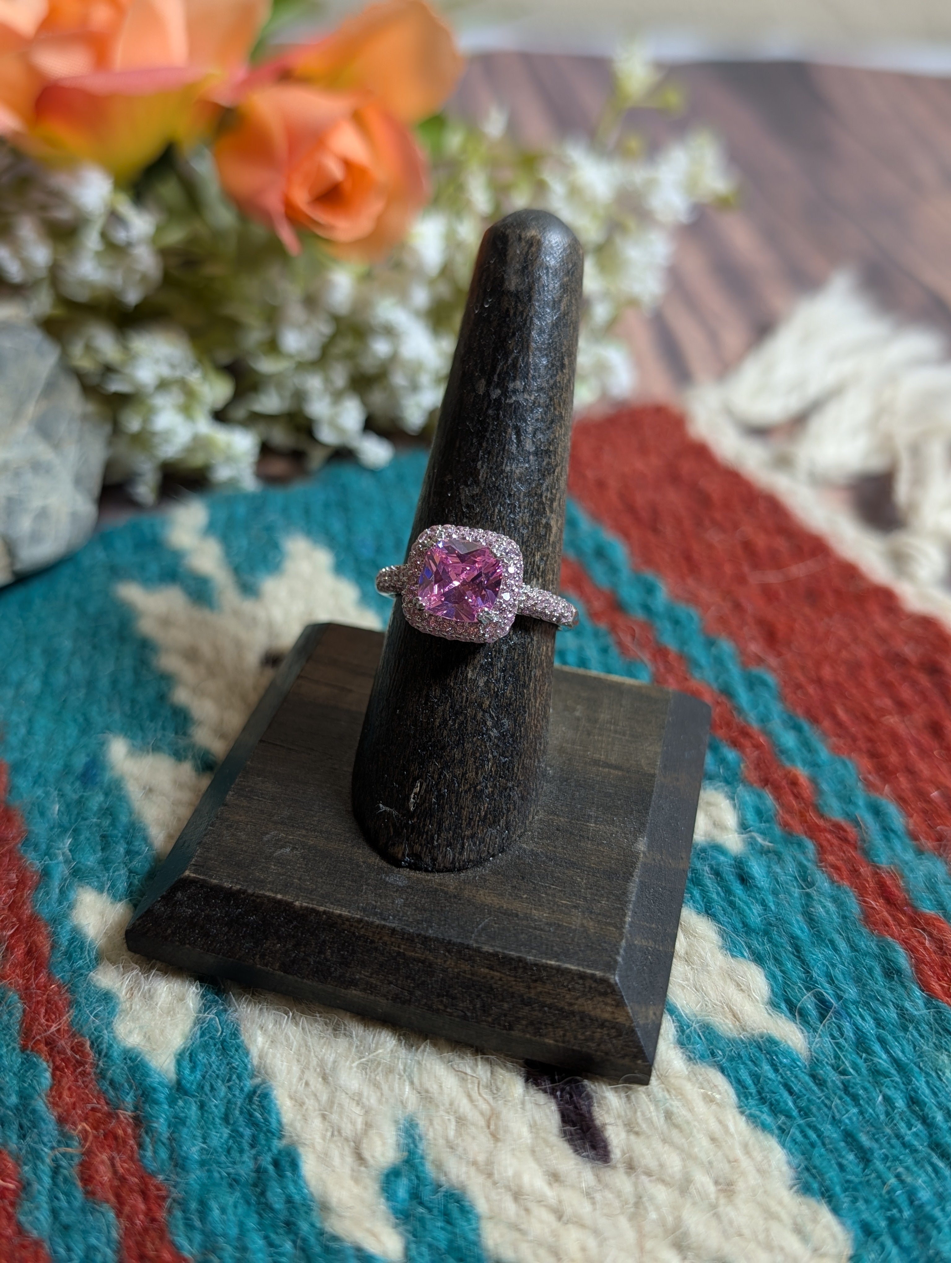 Pink CZ Princess Square-Cut Gemstone Sterling Silver Ring