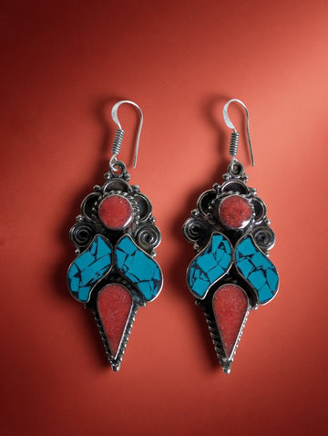Southwest Sunset Mosaic Turquoise & Coral Drop Earrings