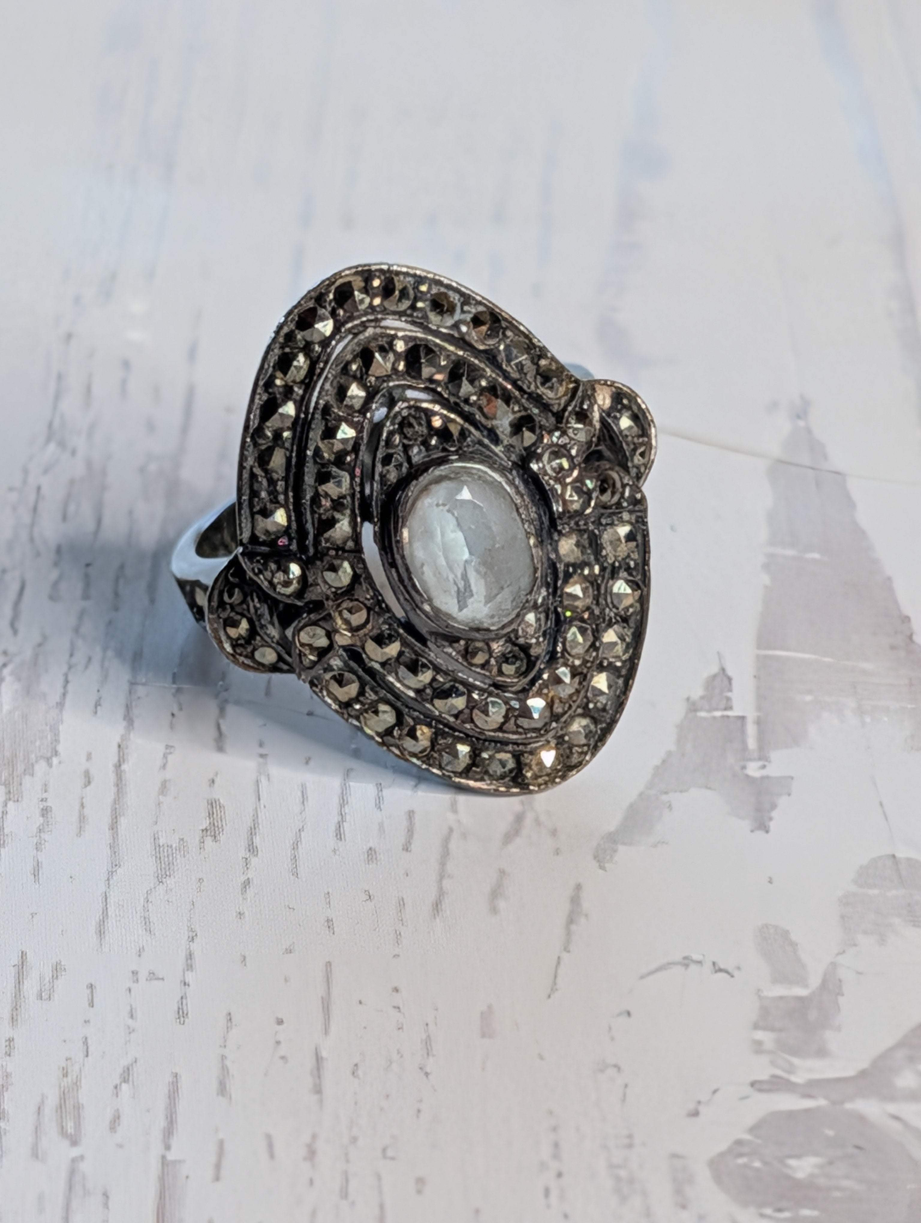 Vintage Sterling Silver Marquise Moonstone With Marcasite Accents Ring Size 7