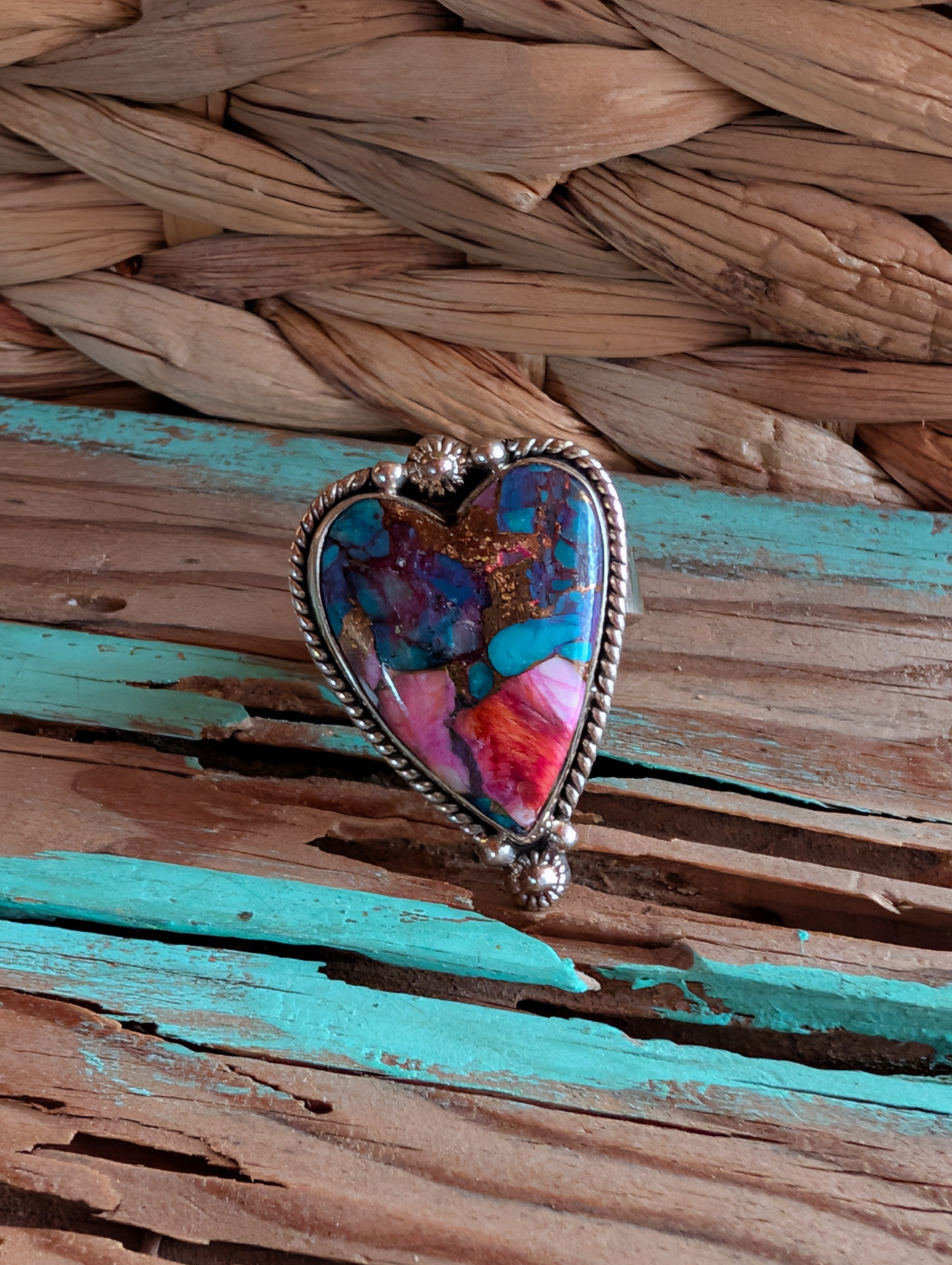 Pink Dahlia Heart Shaped Sterling Silver Adjustable Ring