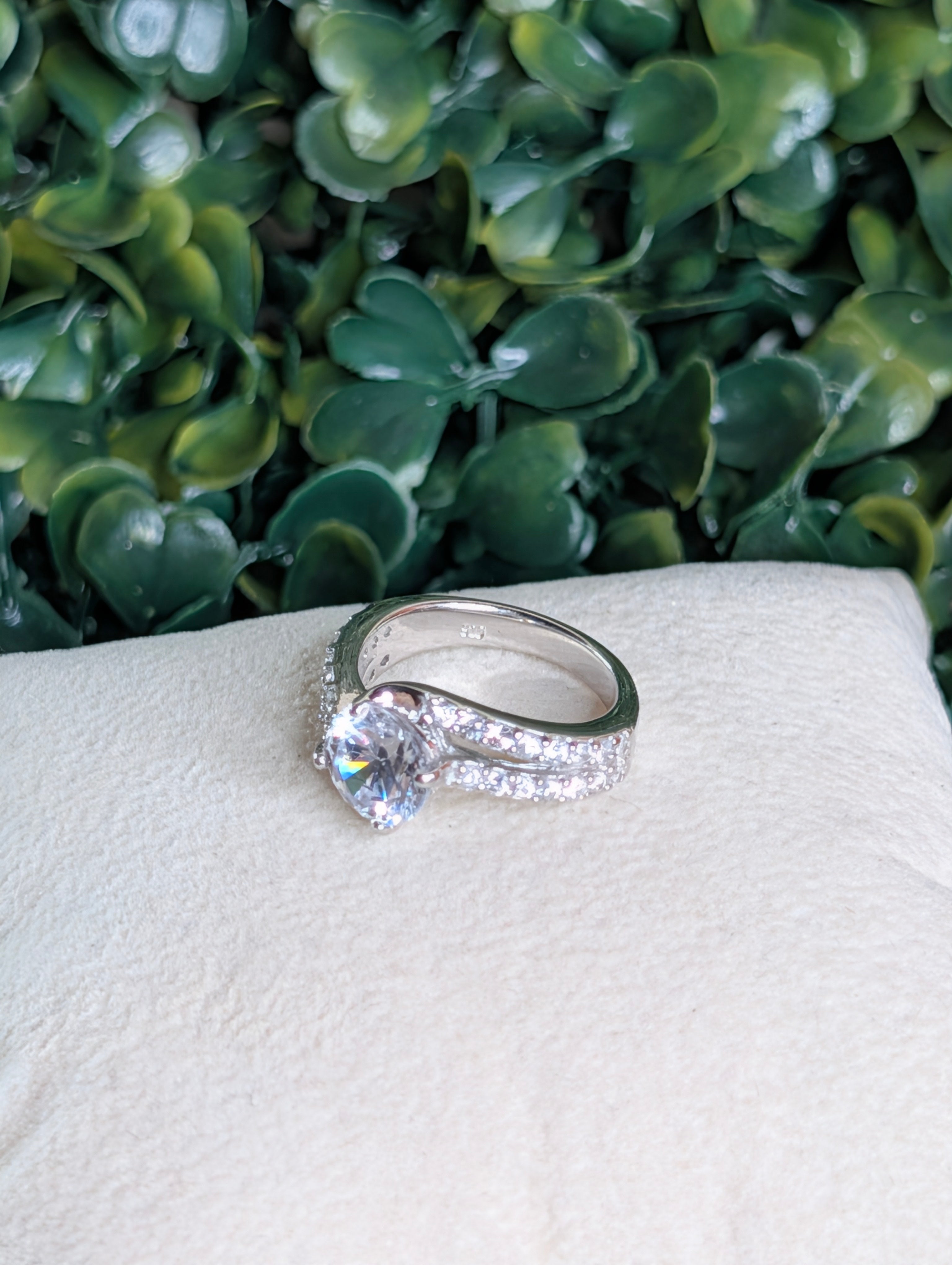 Sterling Silver CZ Fully Paved  Inlay Ring With Bezel Set Gemstone Size 6