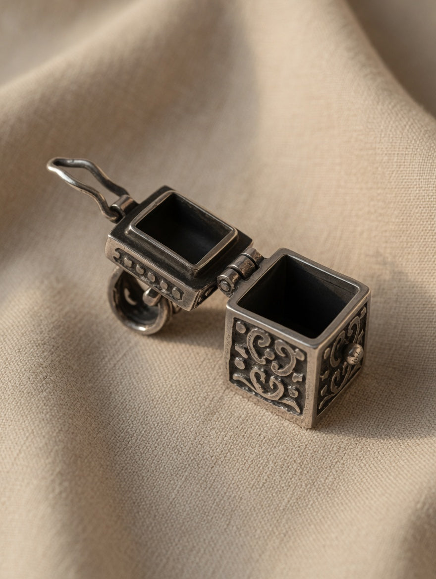 Vintage Etched Ornate Sterling Silver Prayer Box Pendant That Opens & Closes
