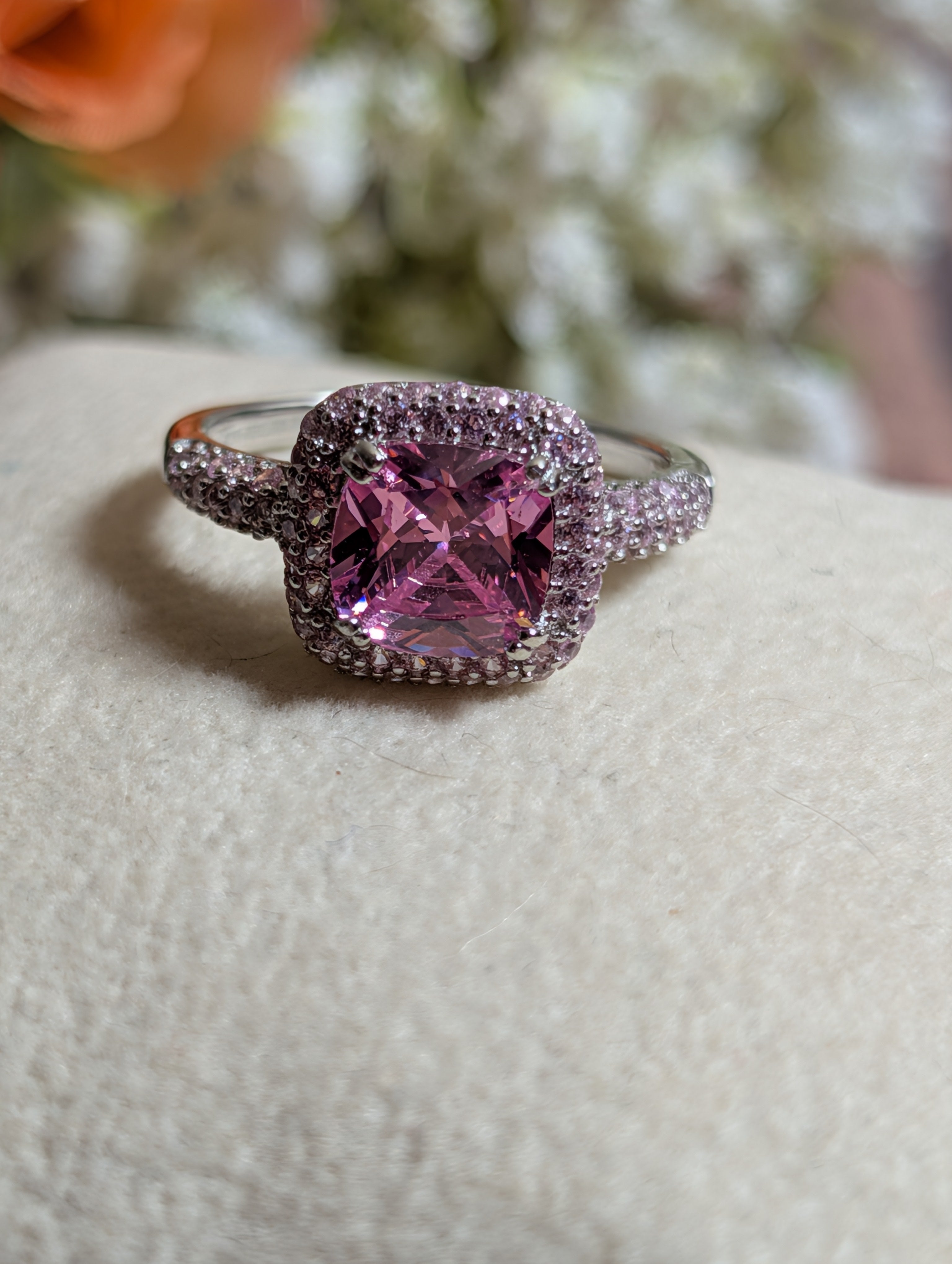 Pink CZ Princess Square-Cut Gemstone Sterling Silver Ring