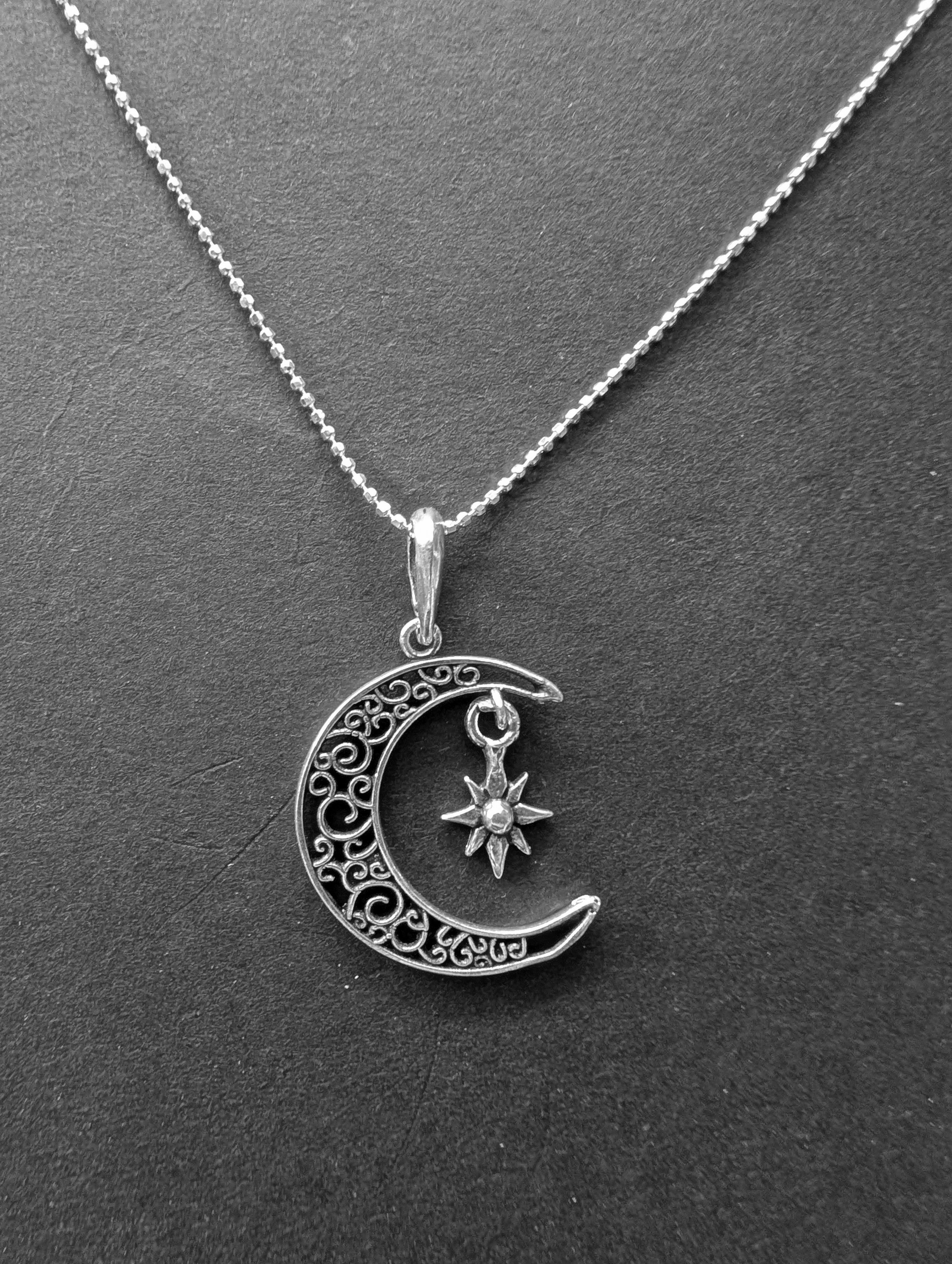 Sterling Silver Intricate Moon & Star Dangle Pendant Necklace
