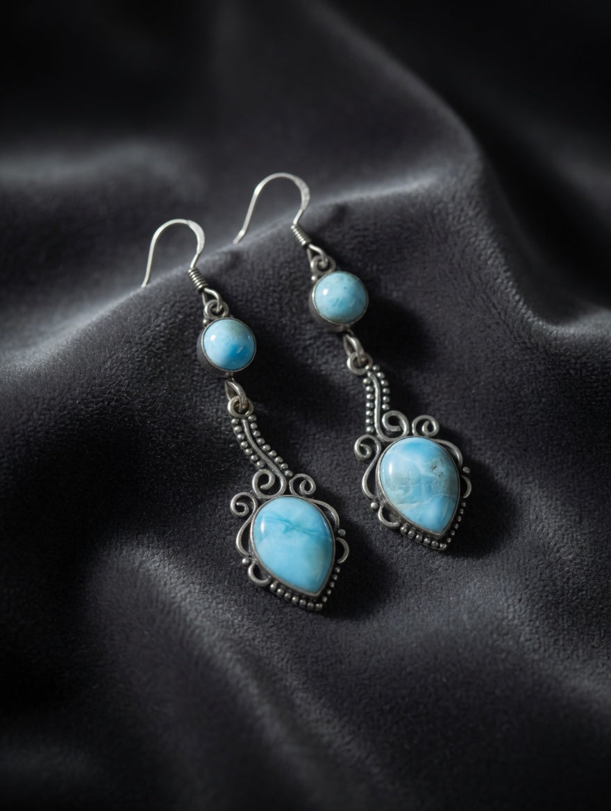 Sterling Silver Southwestern Larimar Turquoise Elegant Filigree Dangle Earrings