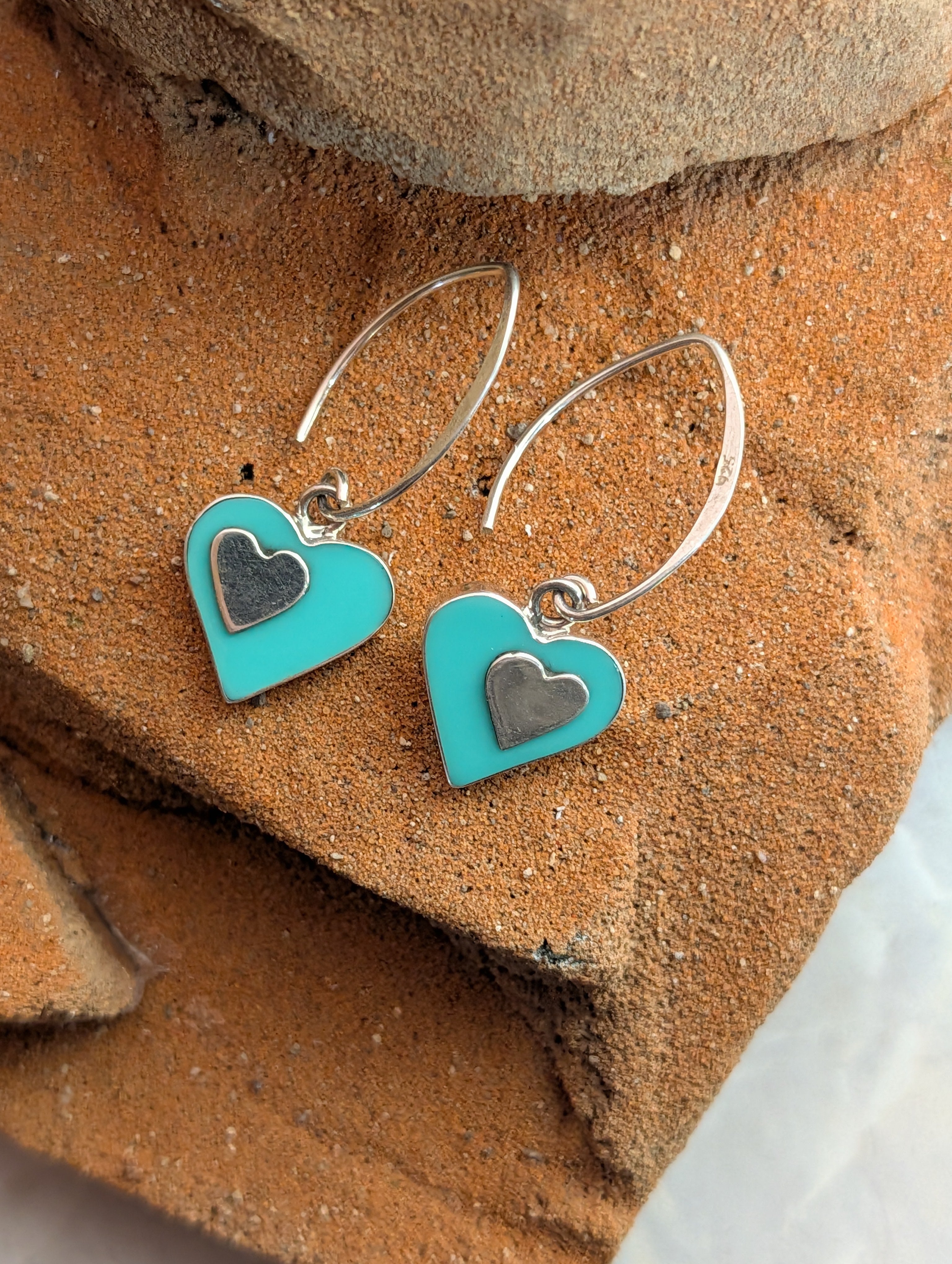 Turquoise Heart Shaped Sterling Silver Dangle Earrings With Silver Inlay