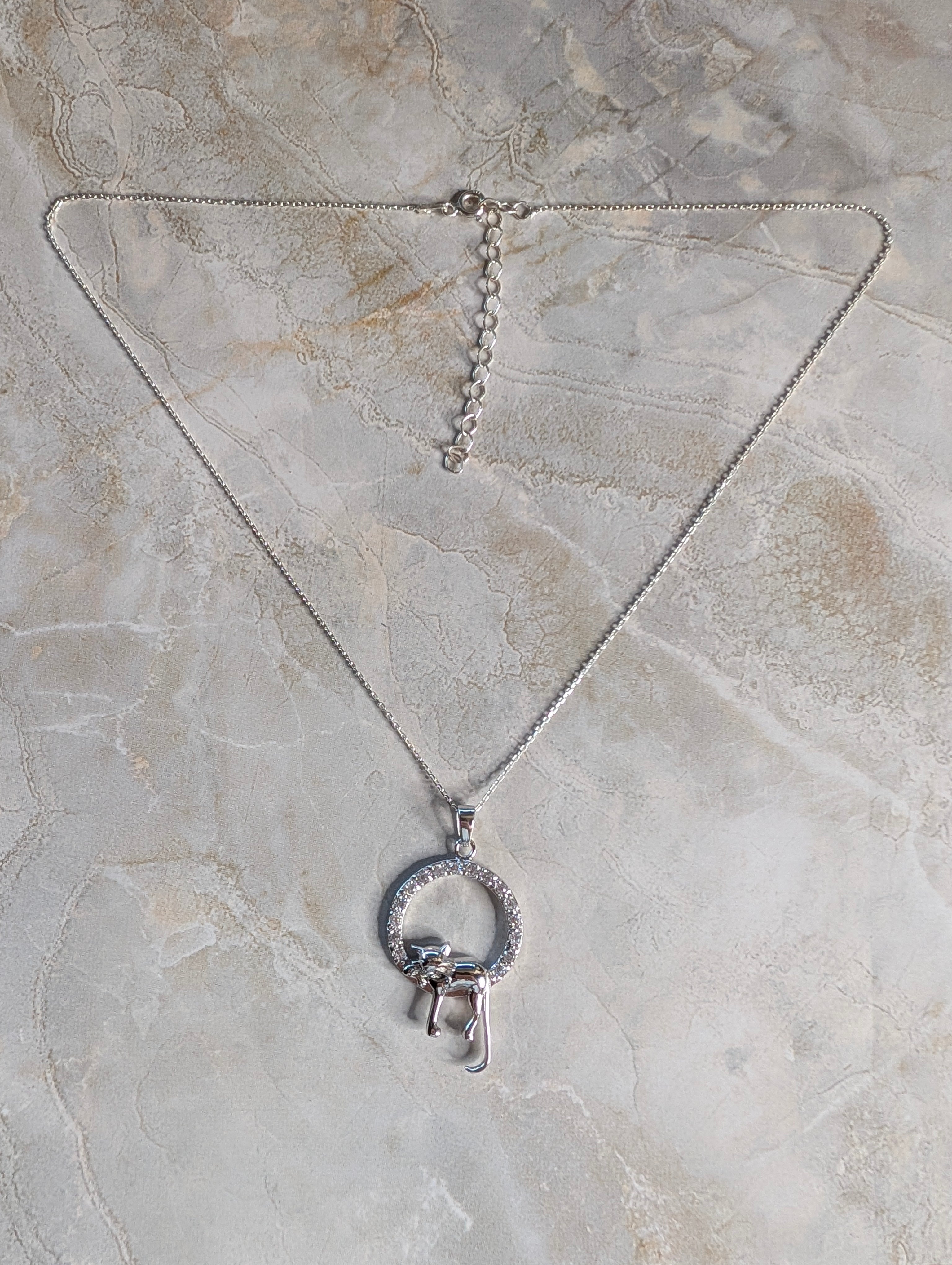 Sterling Silver Cat Perched On CZ Studded Circle Pendant Necklace