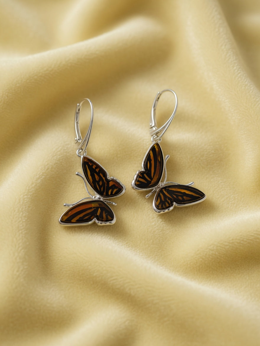 Amber Handmade Sterling Silver Butterfly Leverback Earrings