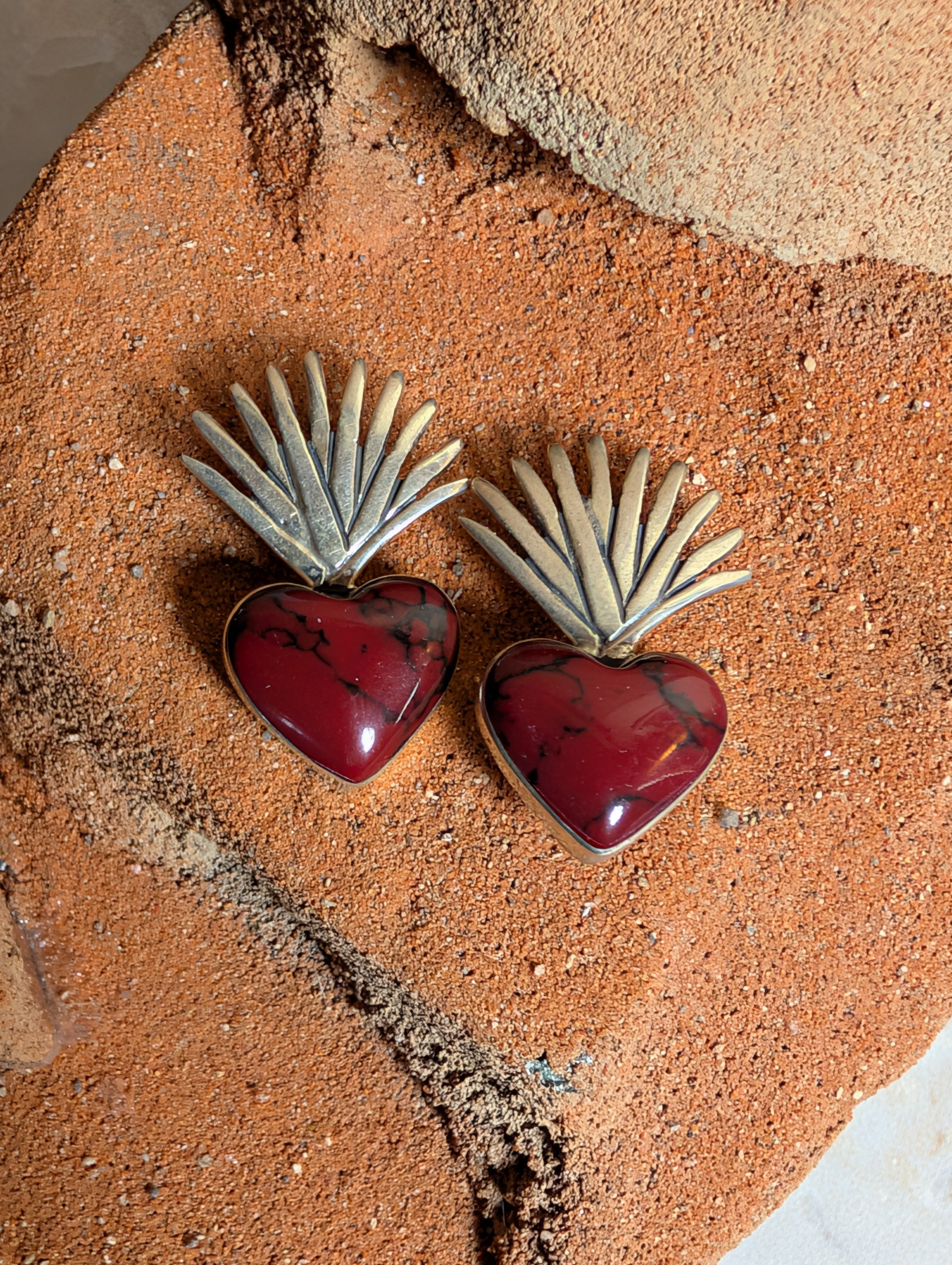 Red Coral Heart Shaped Sterling Silver Earrings