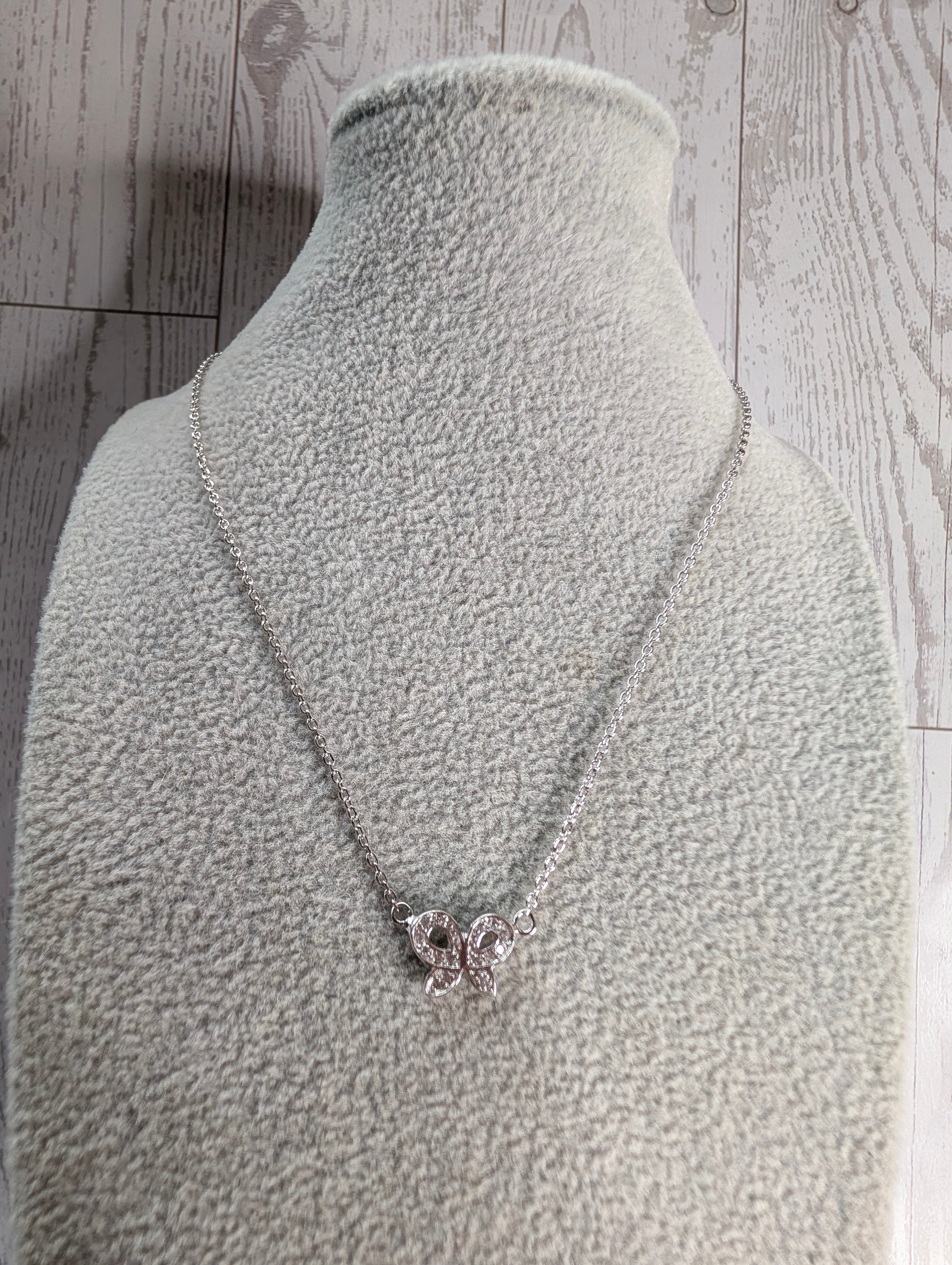 Sterling Silver CZ Butterfly Bow Ribbon Necklace