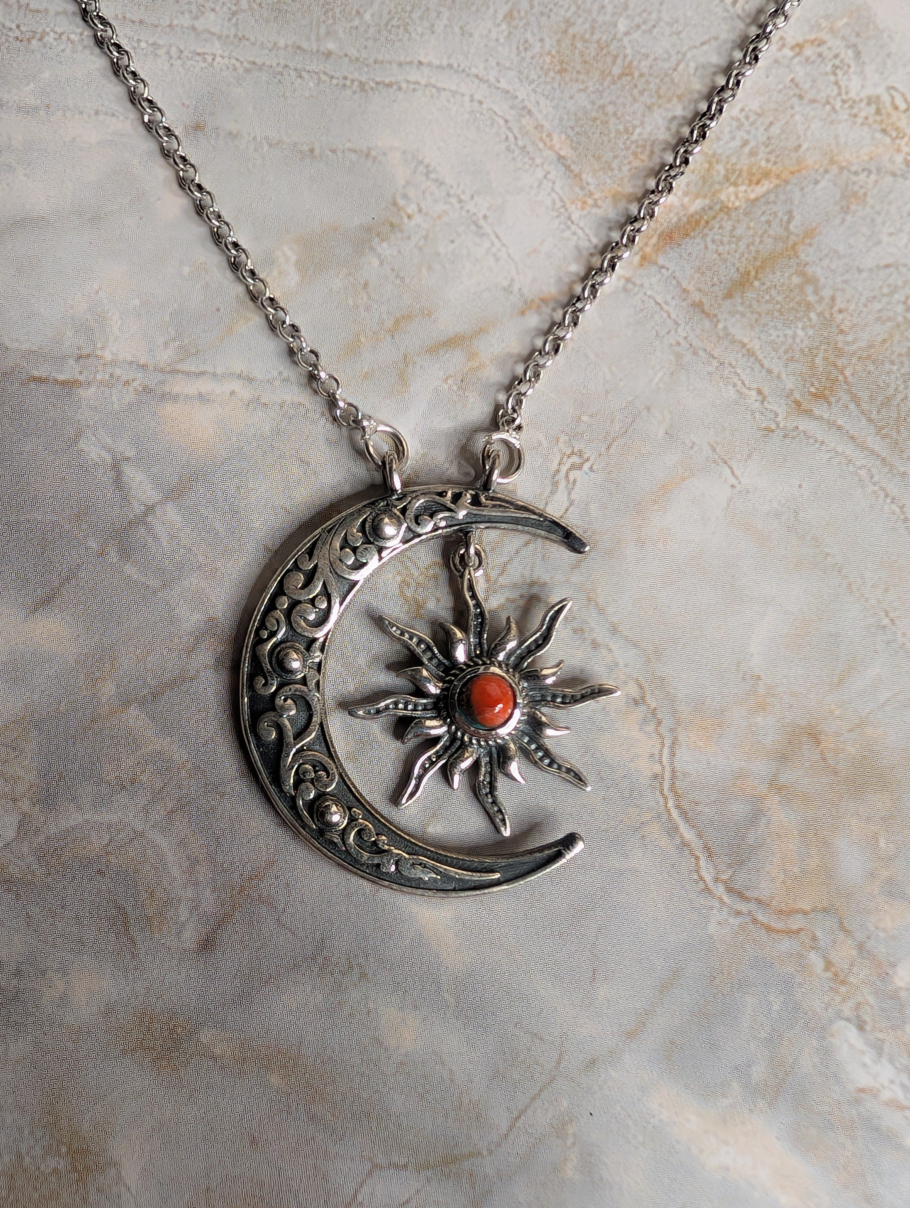 Pink Dahlia Crescent Sterling Silver Moon and Star Necklace