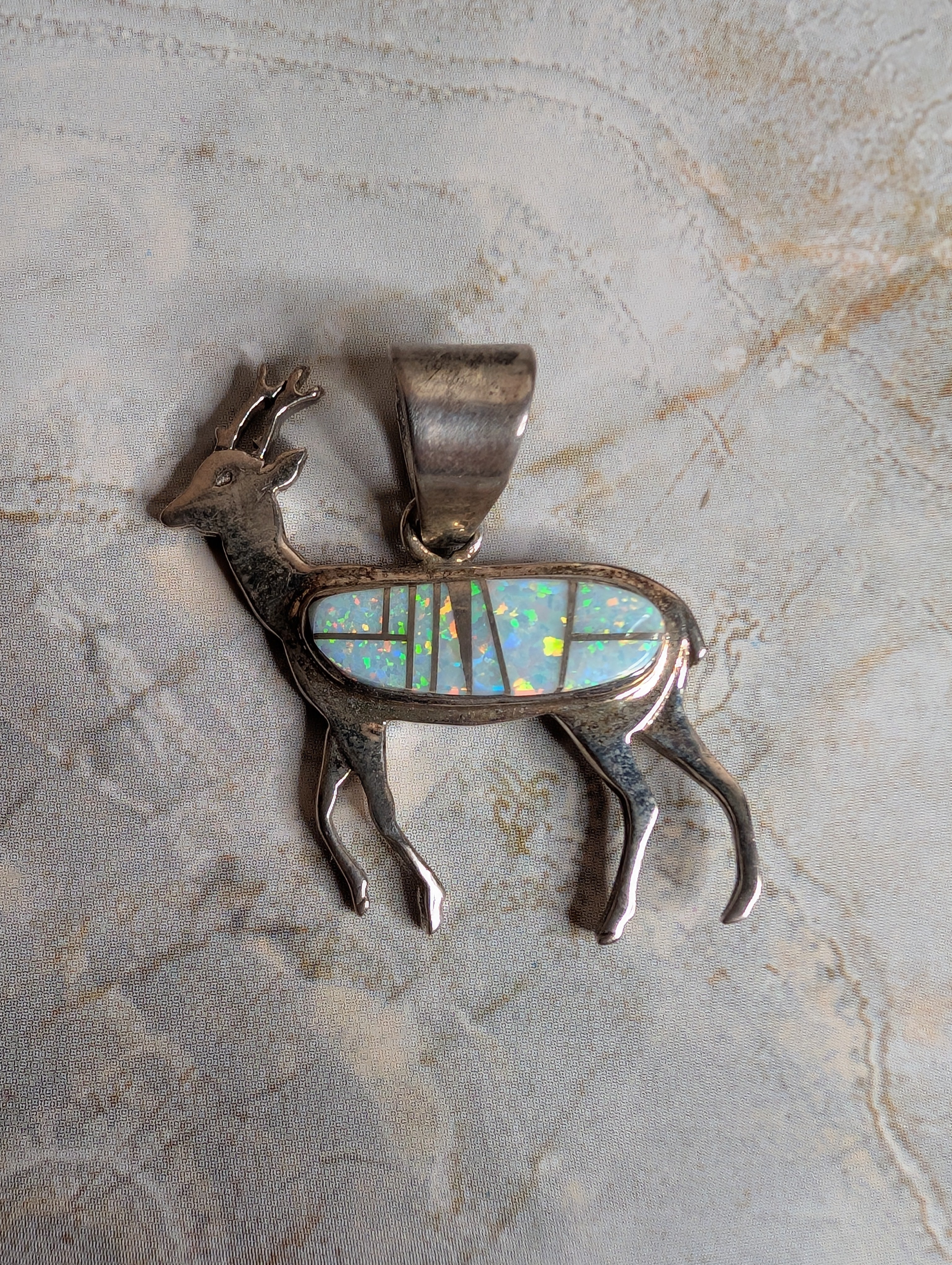 Handcrafted Fire White Opal Sterling Silver Deer Pendant