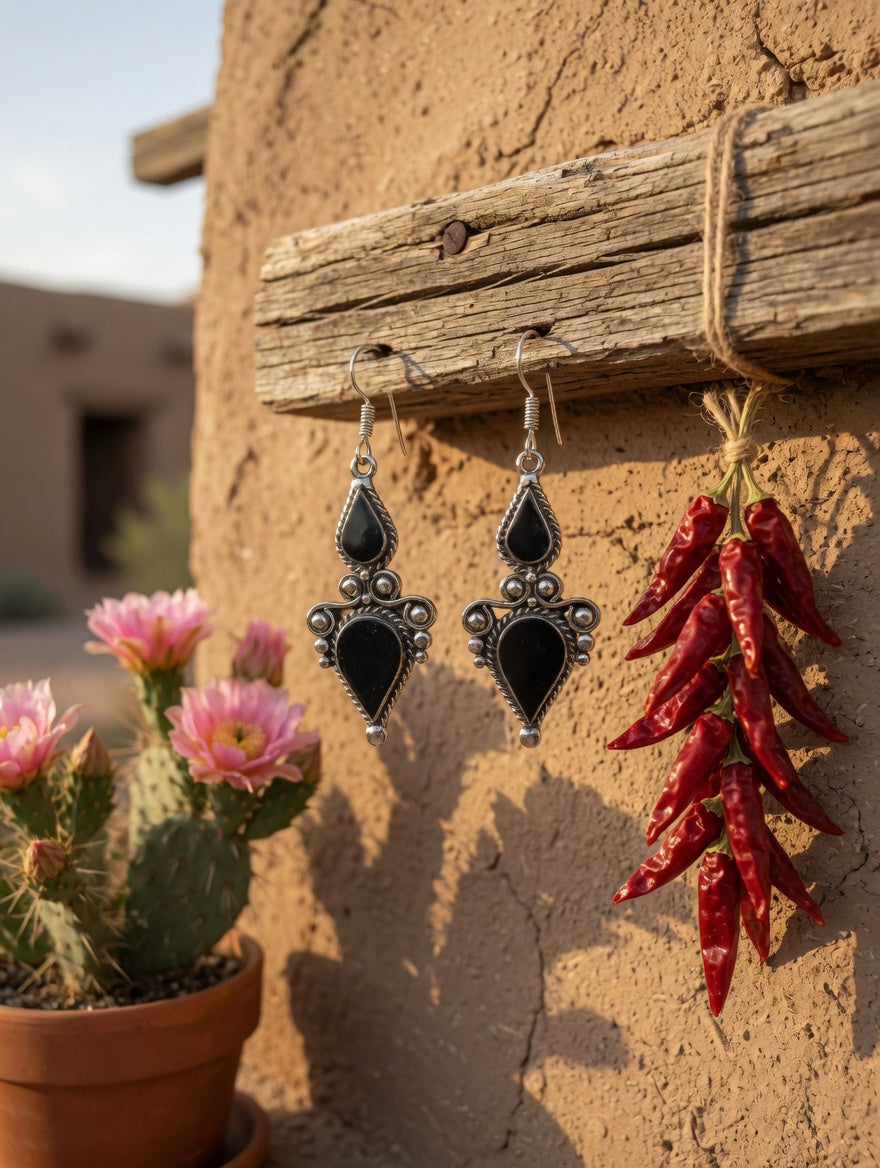 Ornate Southwestern Black Onyx Teardrop Filigree Dangle Earrings