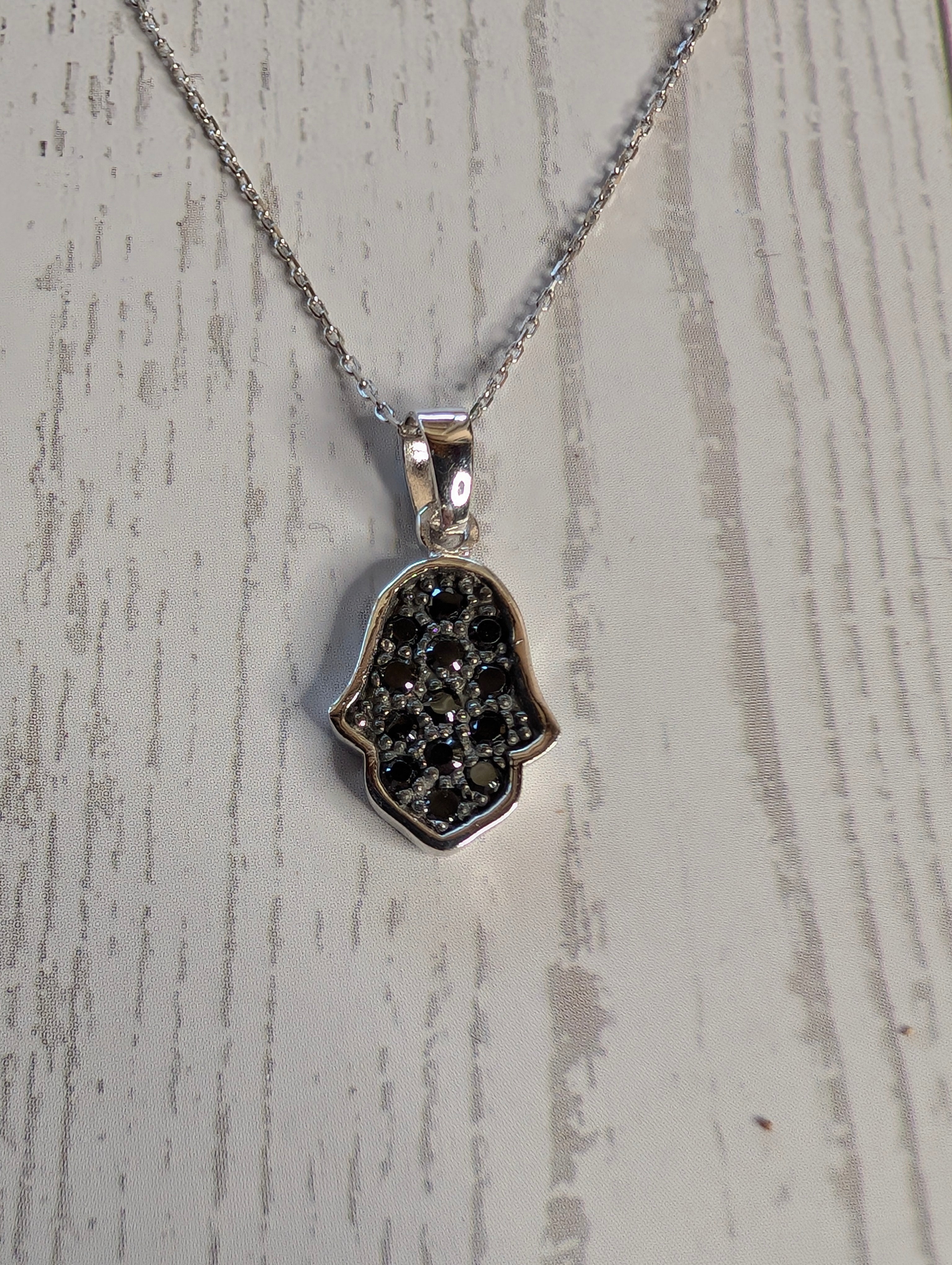 Sterling Silver Black CZ Protective Hamsa Hand Necklace