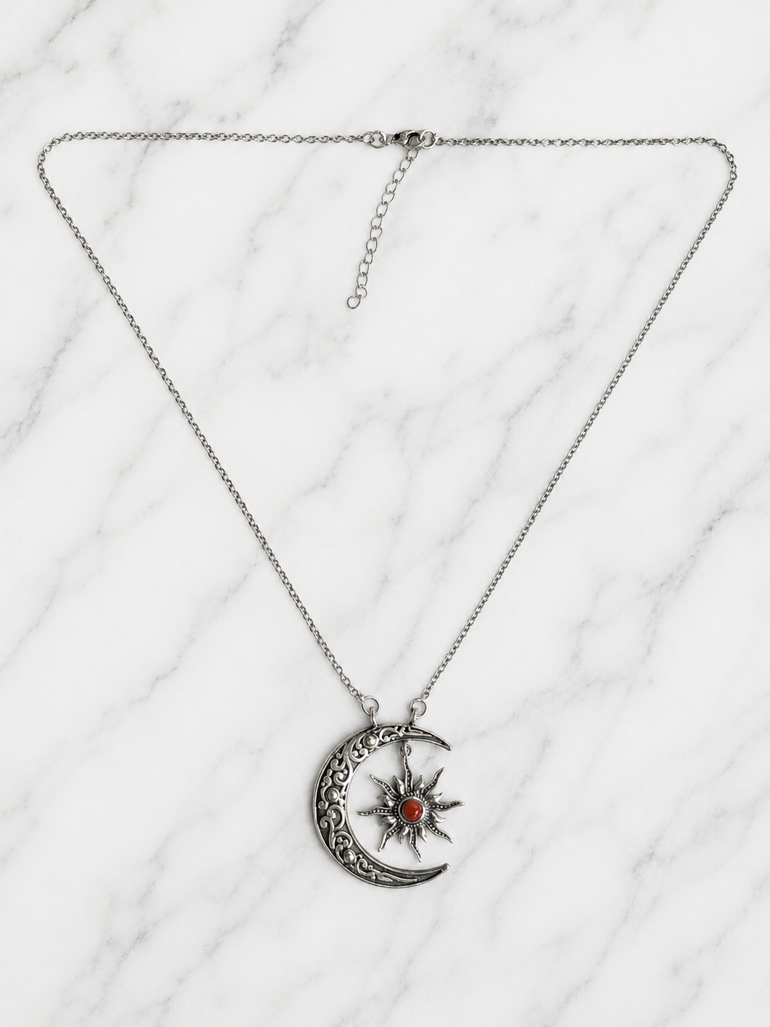 Pink Dahlia Crescent Sterling Silver Moon and Star Necklace