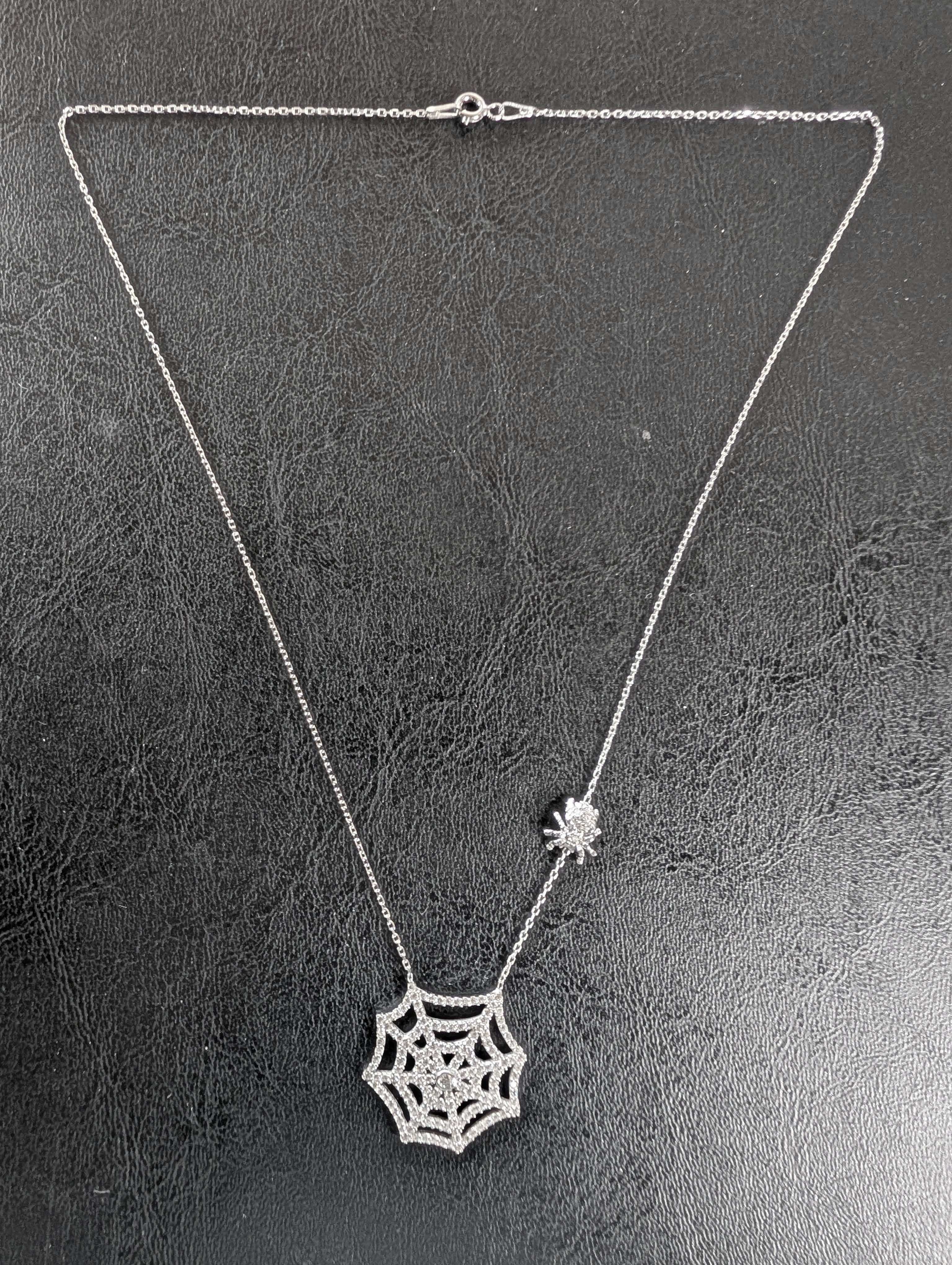 Sterling Silver CZ Spider Web Halloween Necklace