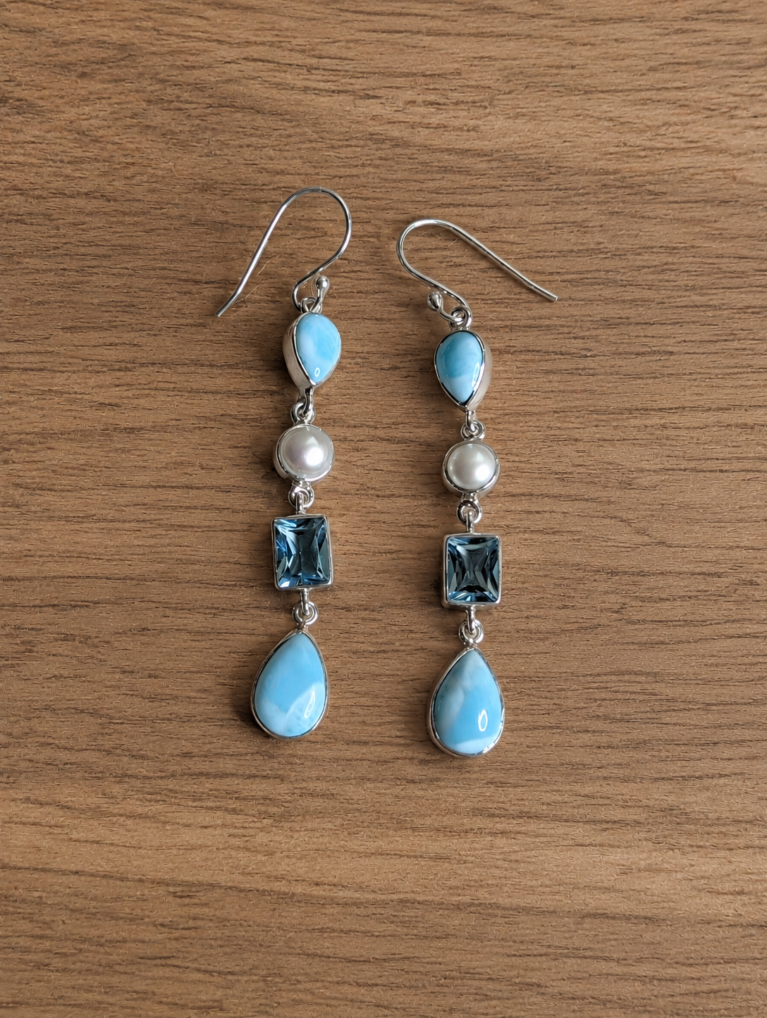 Larimar, Blue Topaz, & Pearl Four Stone Sterling Silver Dangle Earrings