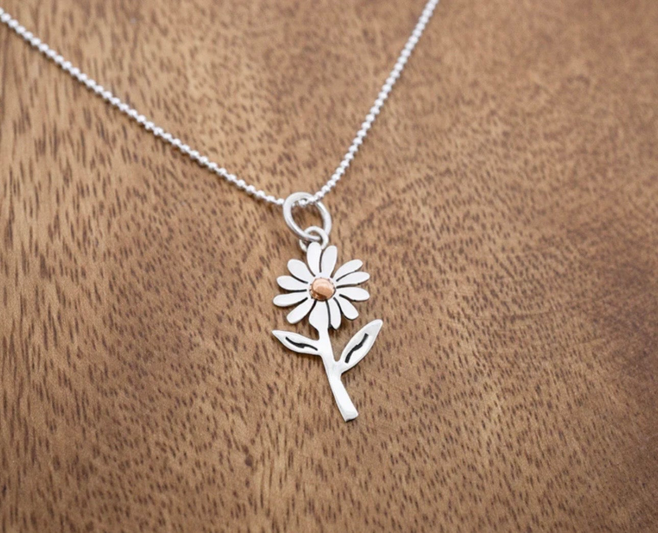 Sterling Silver & Copper Daisy Flower Pendant With Necklace