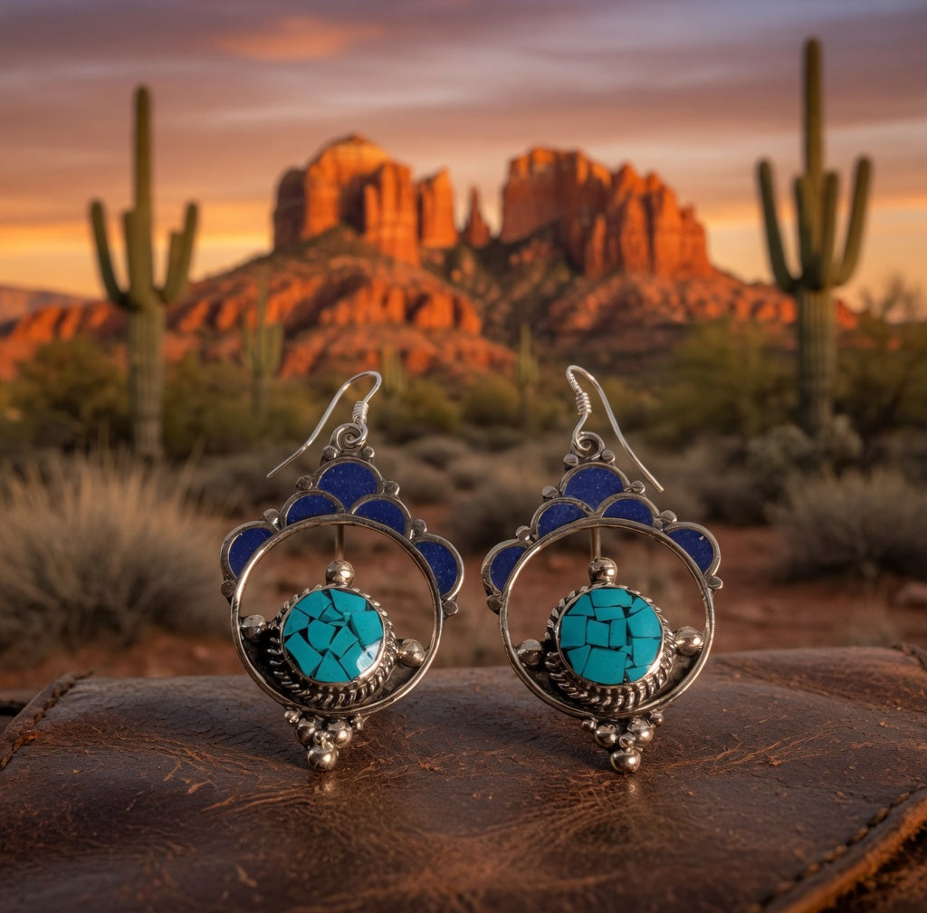 Turquoise & Cobalt Enamel Boho Drop Earrings
