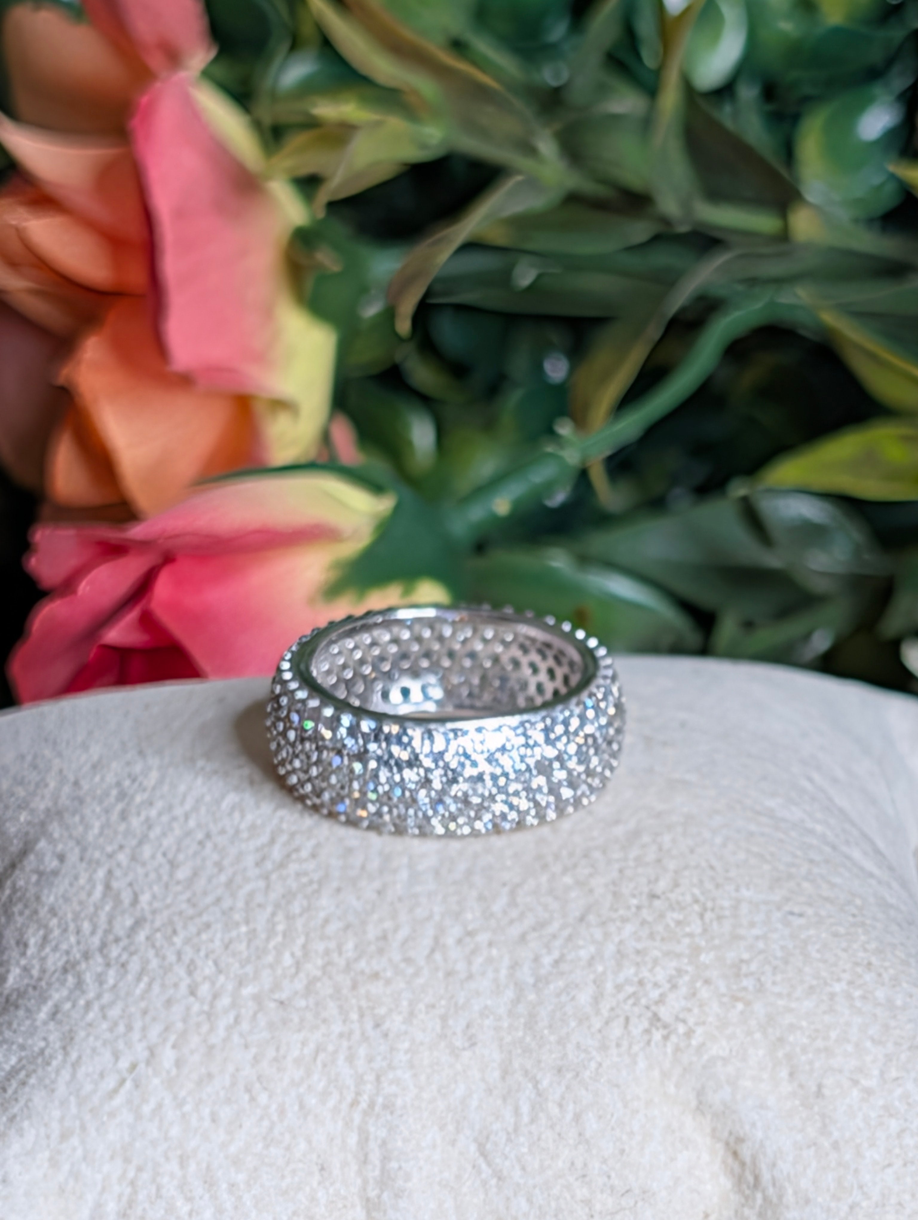 Sterling Silver CZ Fully Paved Stone Inlay Wide Band Ring Size 6.5