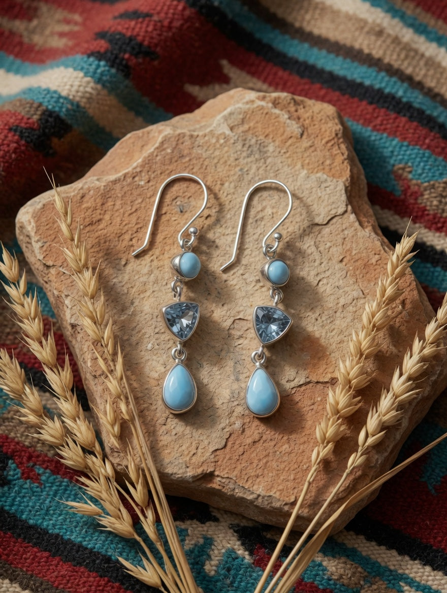Larimar & Blue Topaz Three Stone Sterling Silver Dangle Earrings