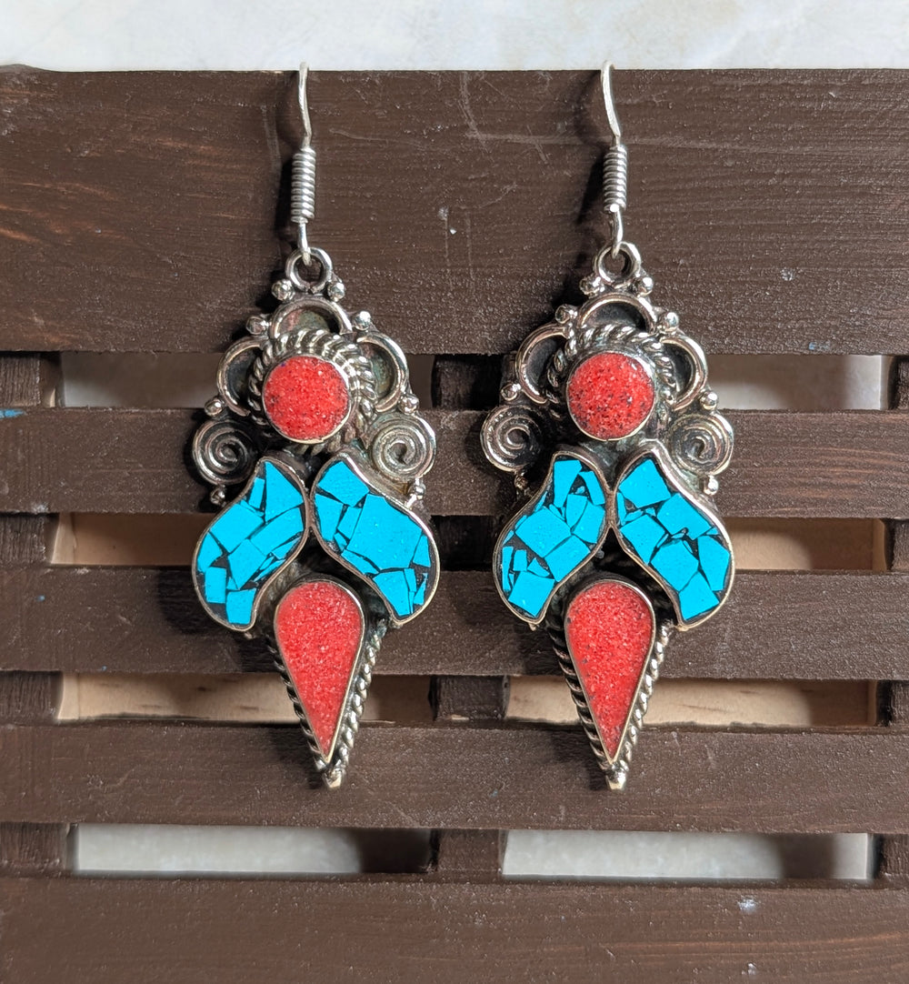 Southwest Sunset Mosaic Turquoise & Coral Drop Earrings