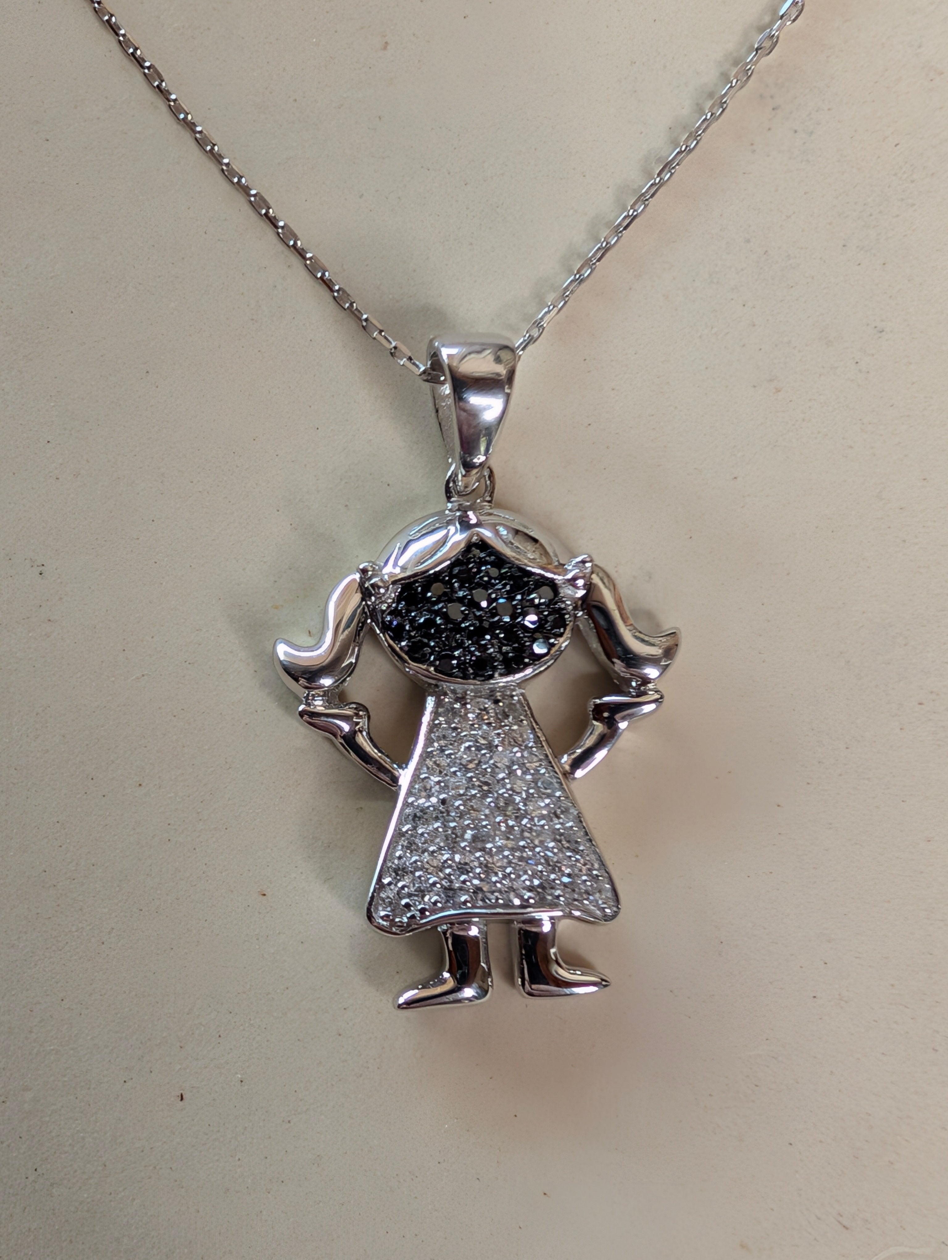 Sterling Silver Black & White CZ Girl With Pigtails Necklace