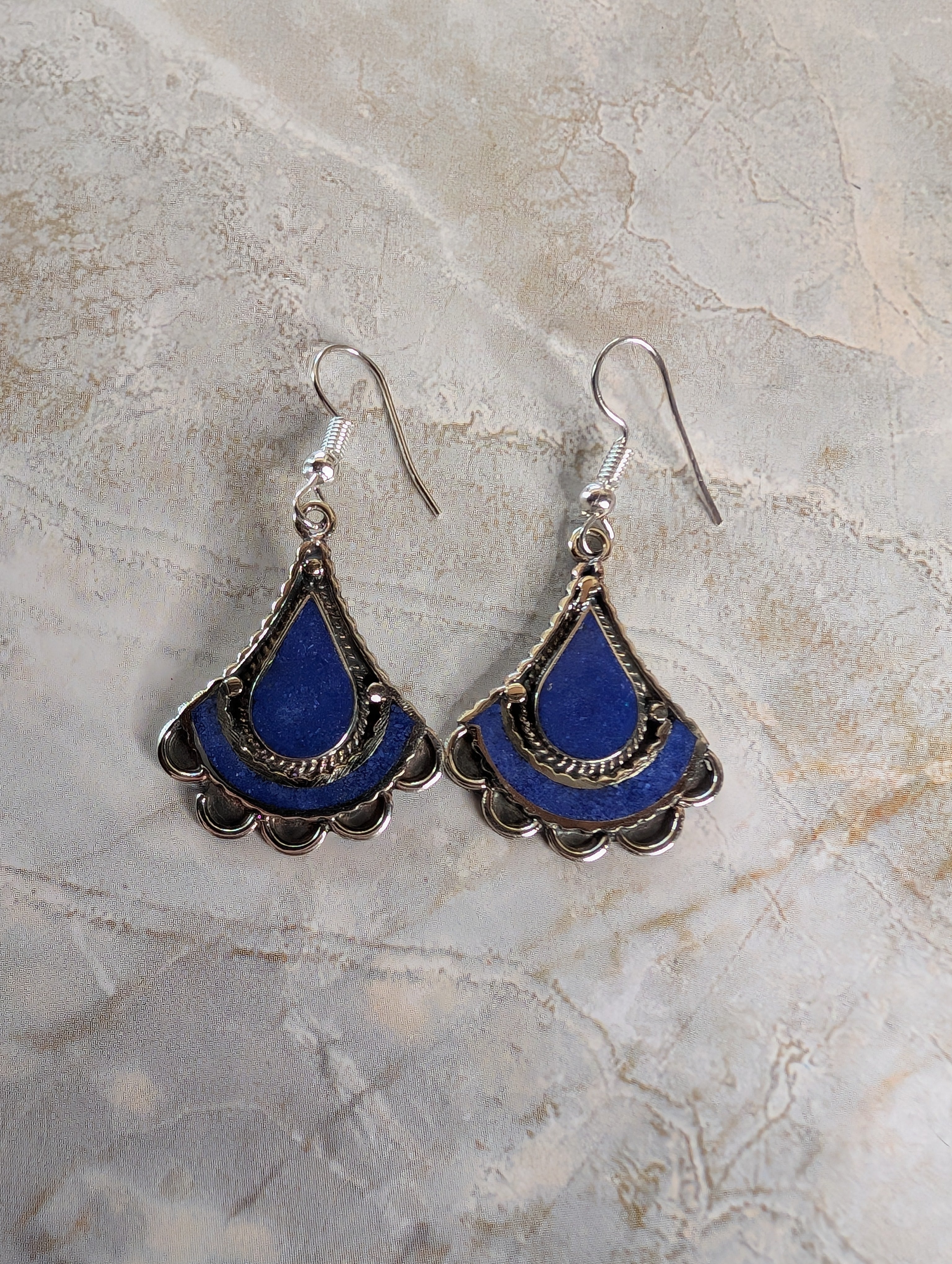 Southwestern Blue Lapis Fan Shaped Dangle Earrings