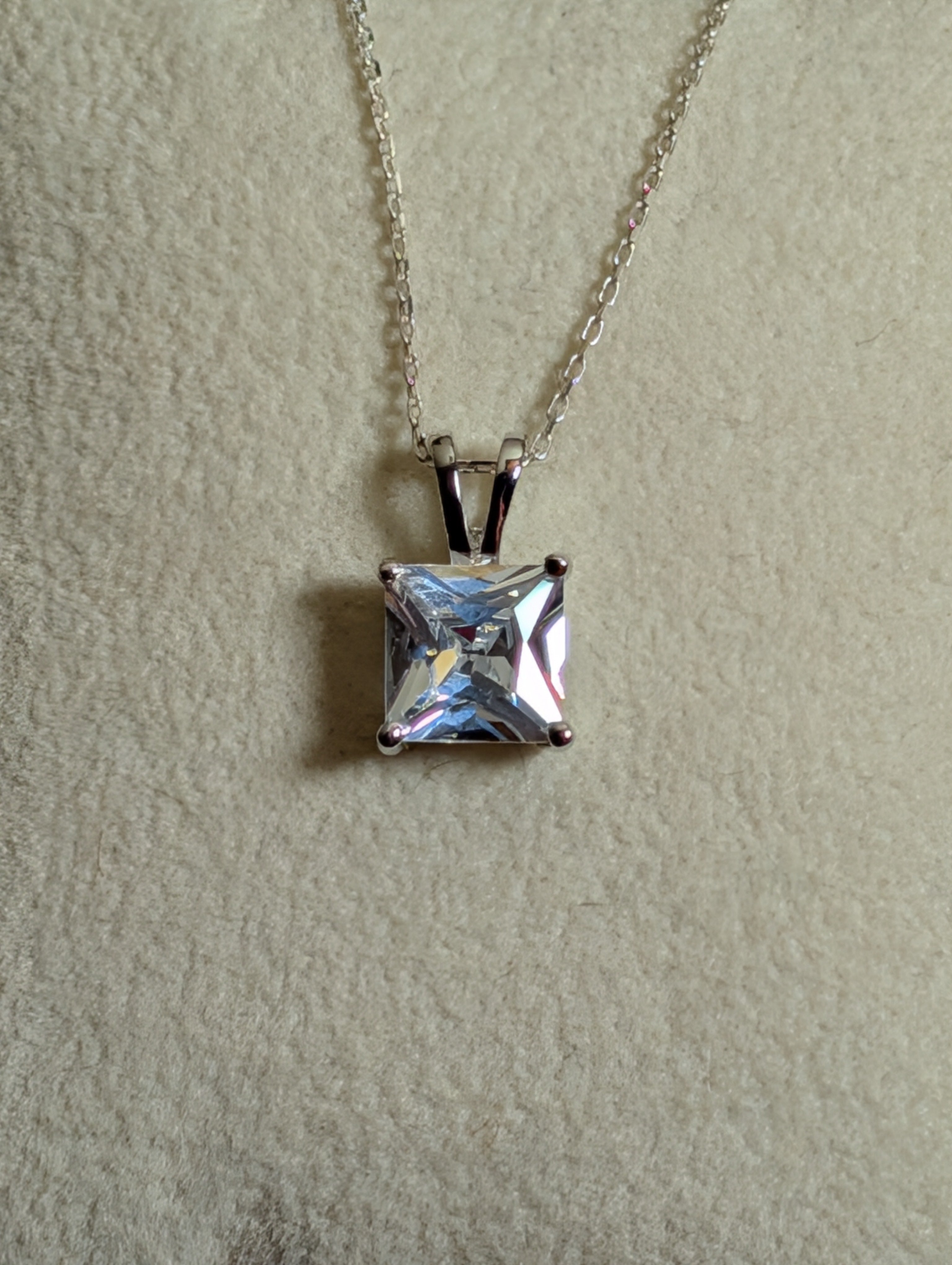 Square Shaped CZ Pendant On Sterling Silver Necklace