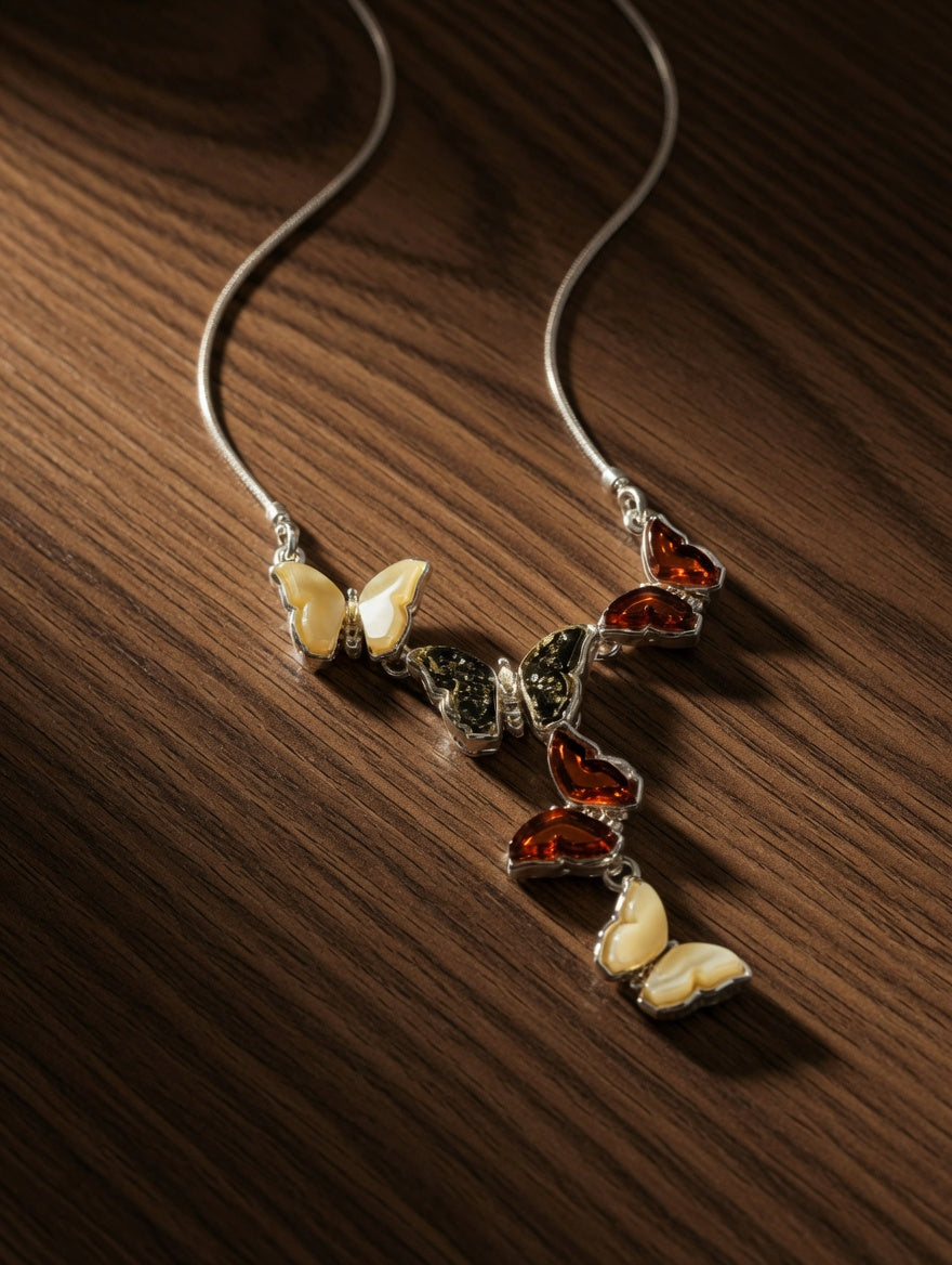Amber Handmade Sterling Silver  Butterfly Drop Necklace