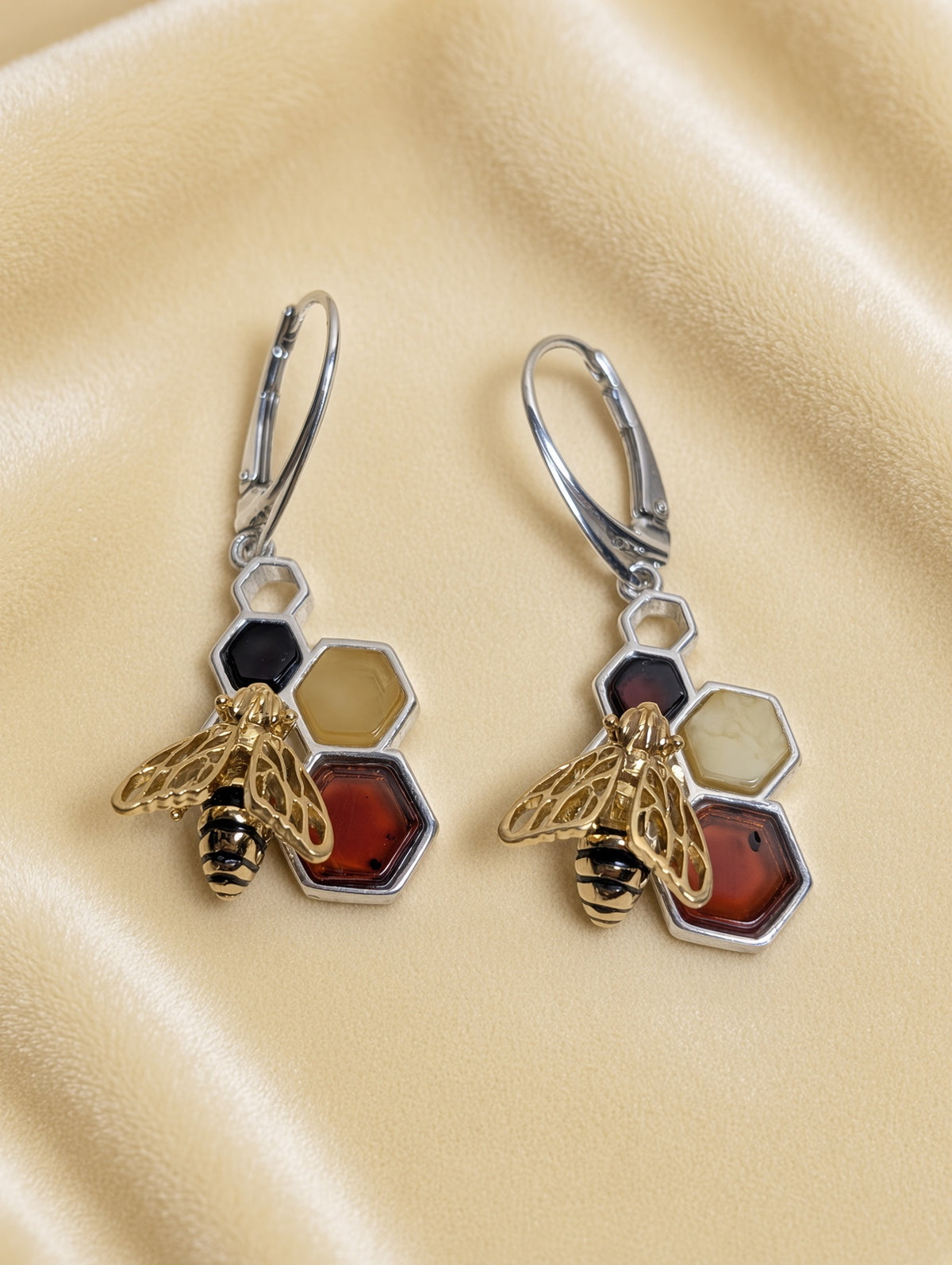 Handmade Bee Honeycomb Honey Cognac Cabochons & Sterling Silver Leverback Earrings