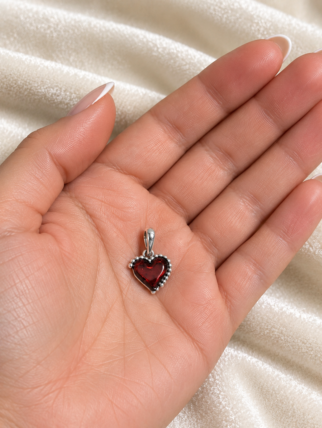 Handmade Heart Shaped Red Honey Cognac Cabochon & Sterling Silver Pendant