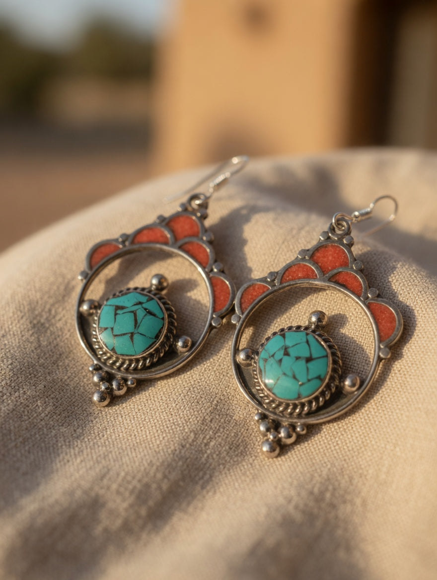 Vintage Coral & Turquoise Intricate Etched Silver Round Dangle Earrings