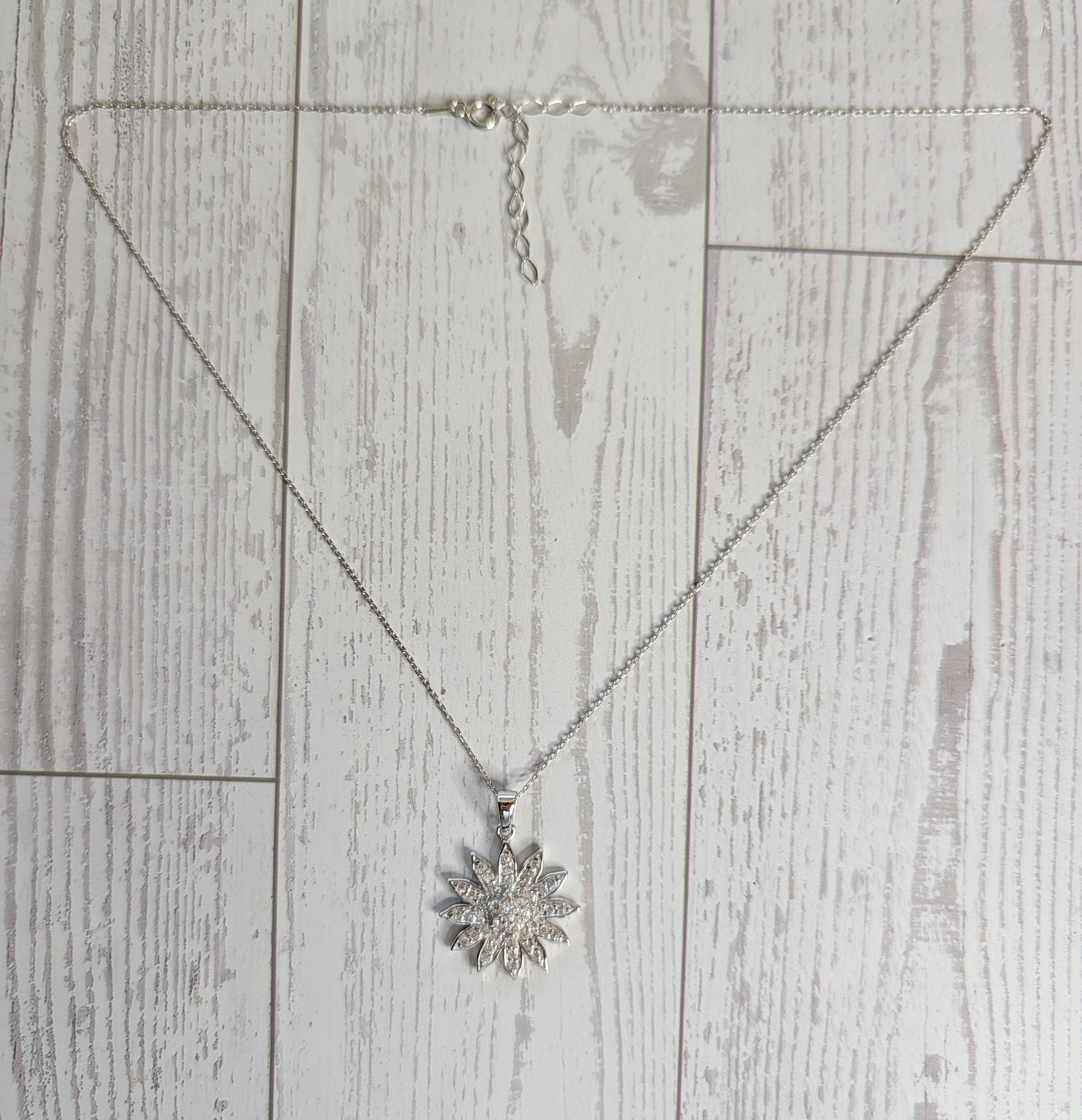 Sterling Silver CZ Sunny & Bright Sunburst Star SunFlower Pendant Necklace