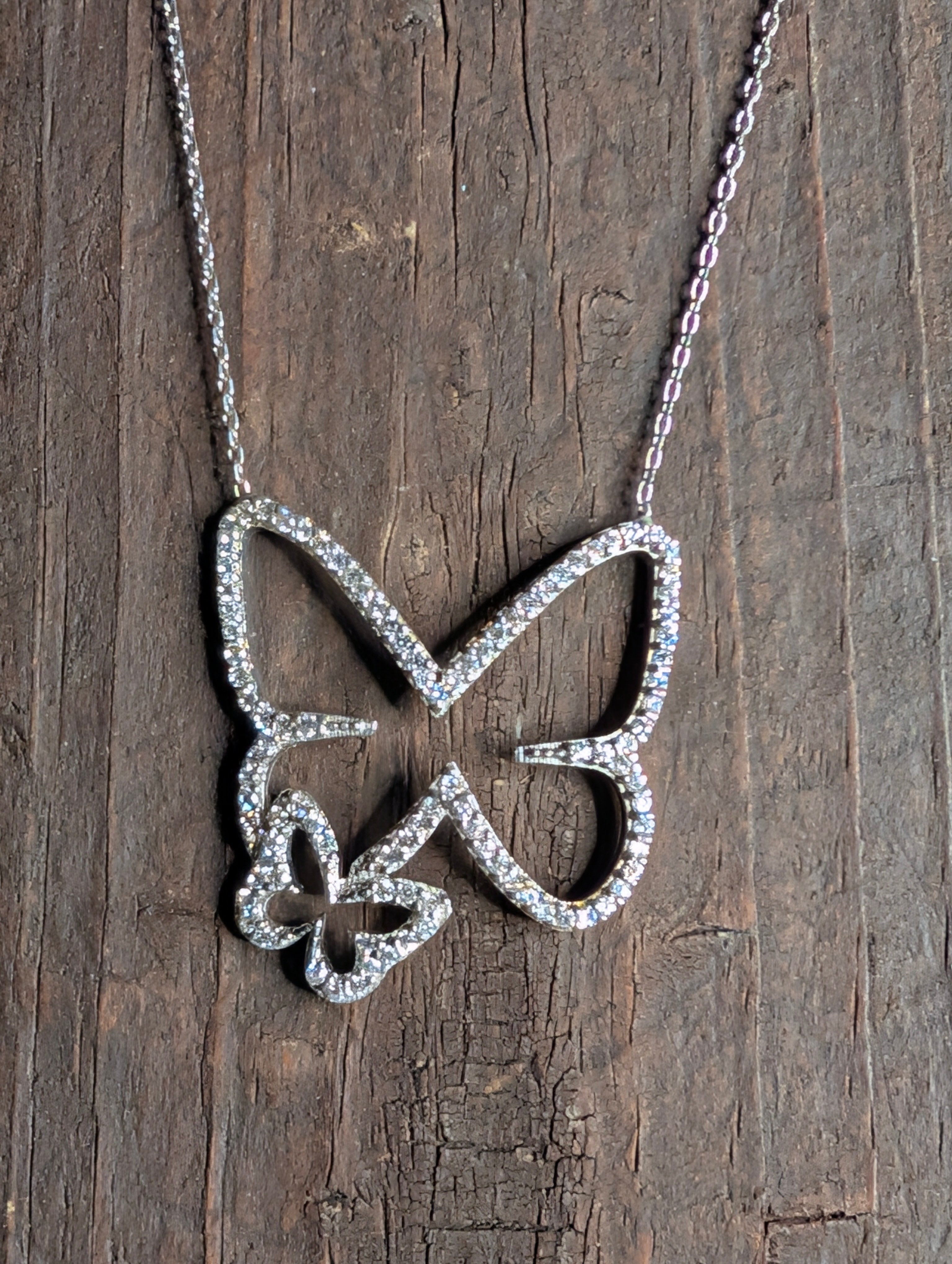 Sterling Silver CZ Double Butterfly Outline Necklace