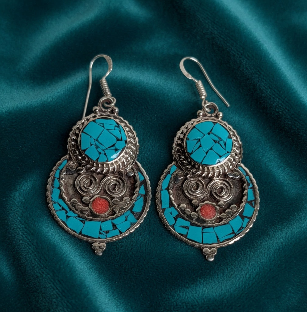 Turquoise Mosaic & Coral Drop Earrings