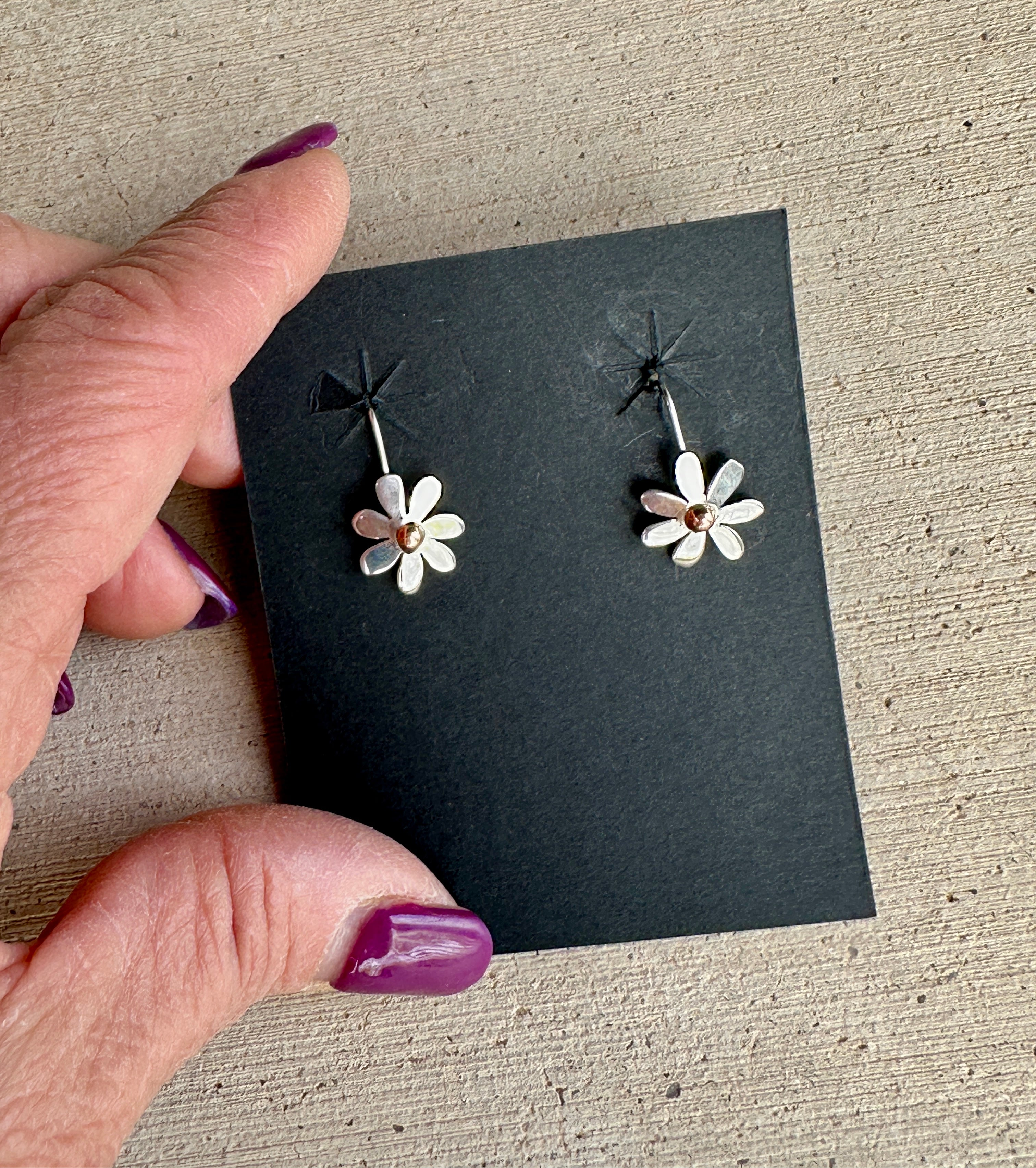 Sterling Silver & Copper Daisy Flower Earrings On Fixed Hook