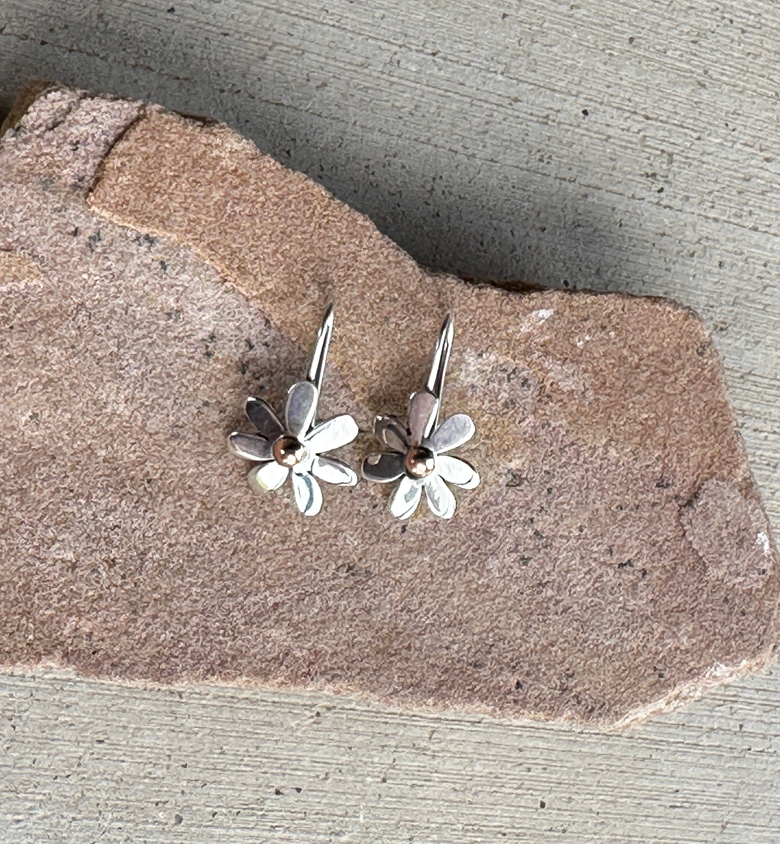 Copper Daisy Flower & Sterling Silver Earrings On Fixed Hook