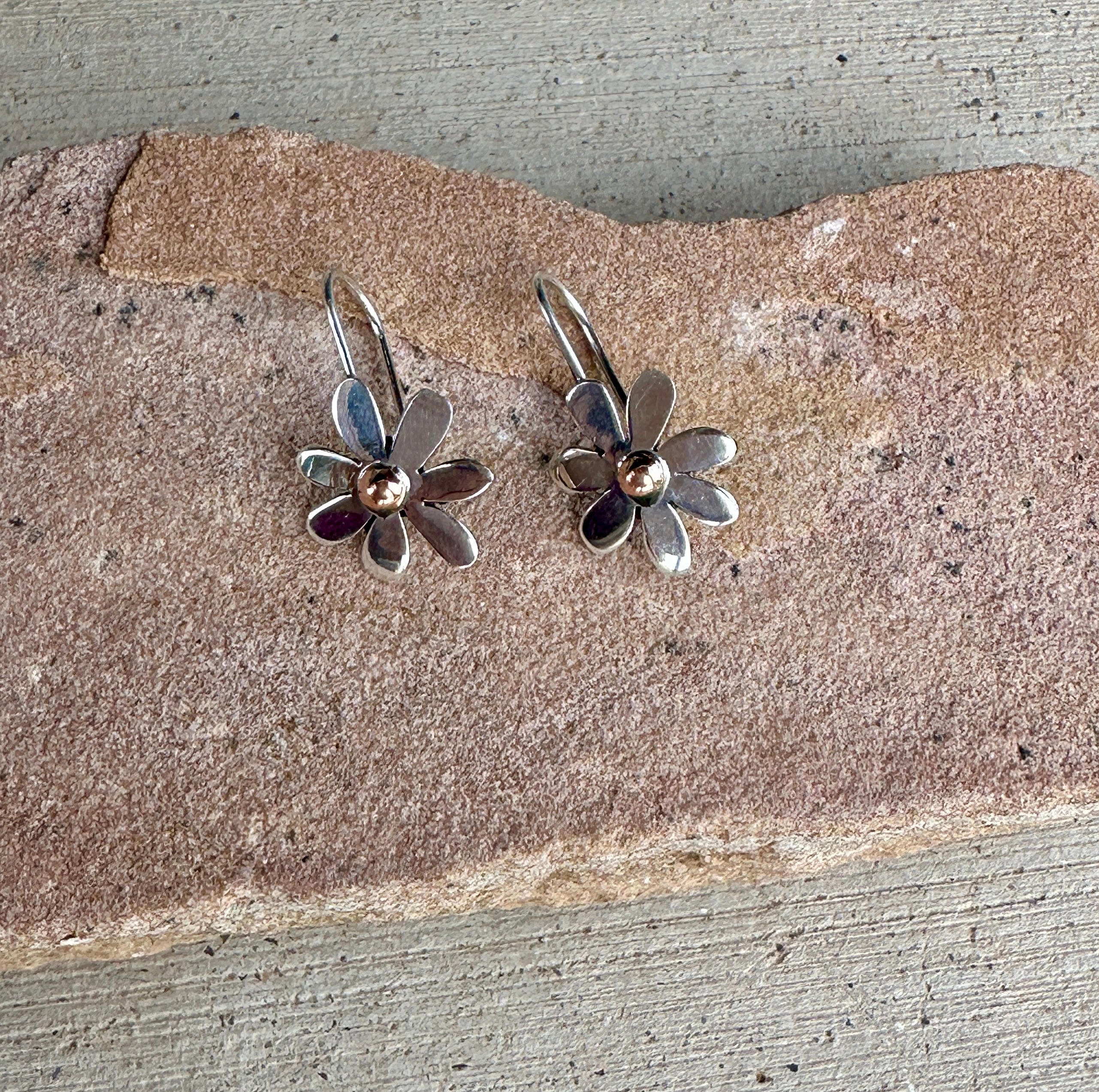 Copper Daisy Flower & Sterling Silver Earrings On Fixed Hook