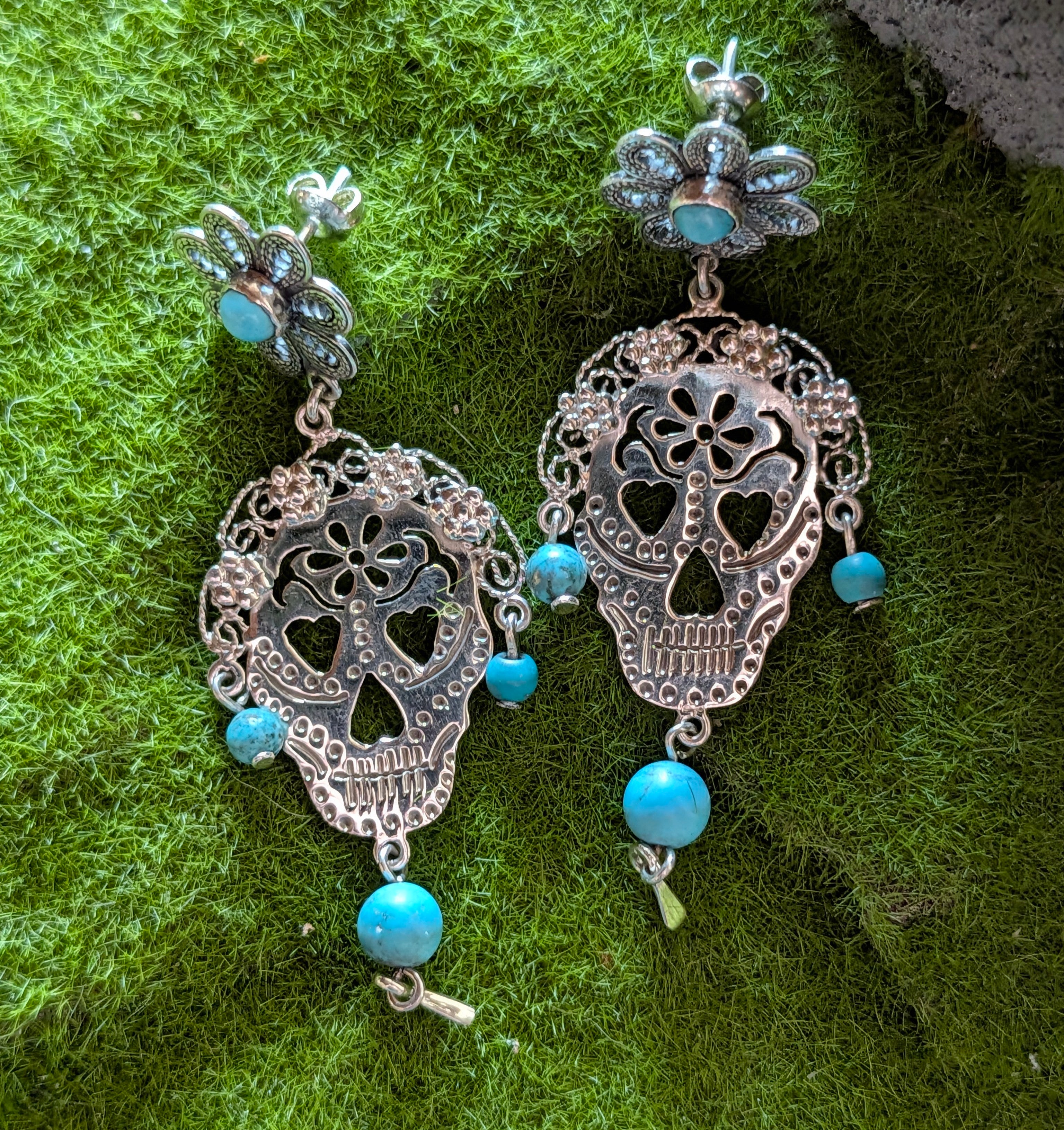 Sterling Silver Beaded Turquoise Floral Sugar Skull Earrings On Post