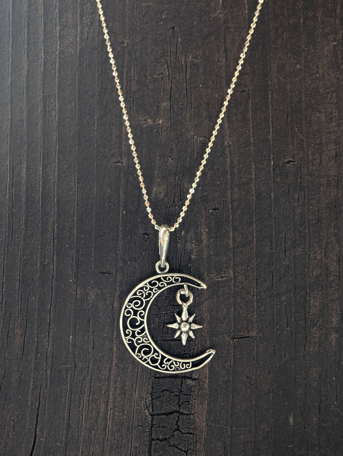 Sterling Silver Intricate Moon & Star Dangle Pendant Necklace