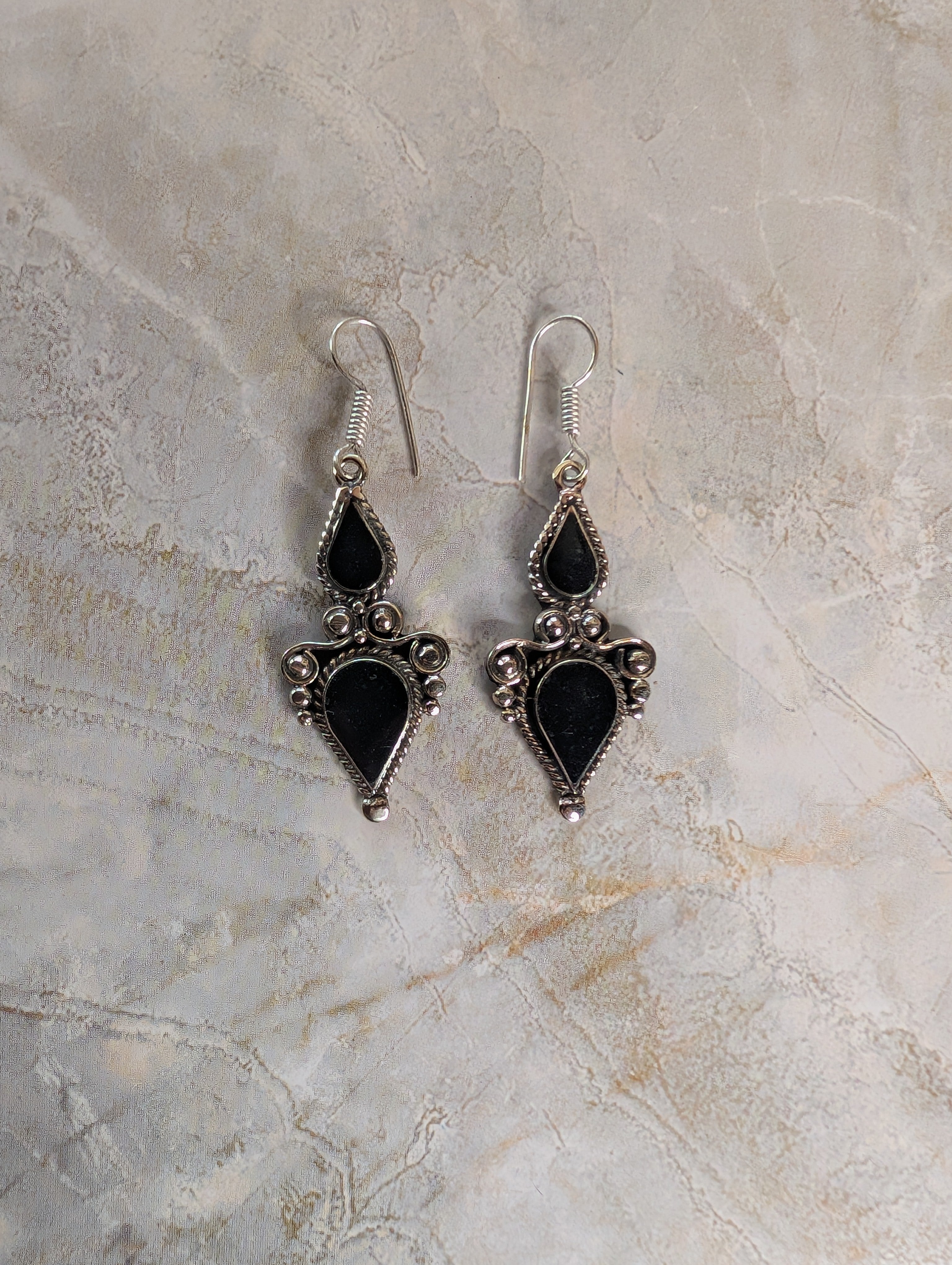 Ornate Southwestern Black Onyx Teardrop Filigree Dangle Earrings