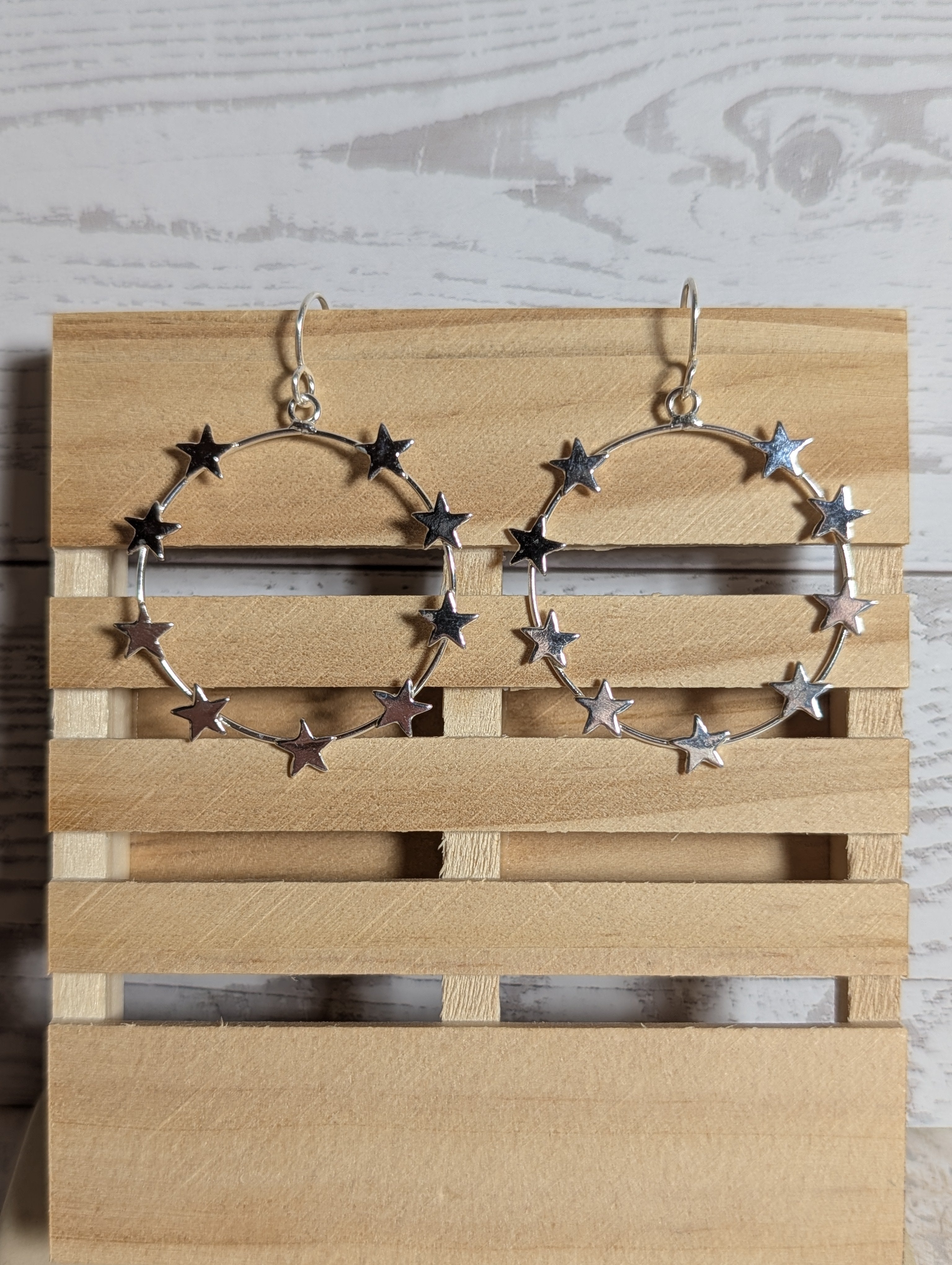 Sterling Silver Round Circles With Stars Dangle Hoop Earrings
